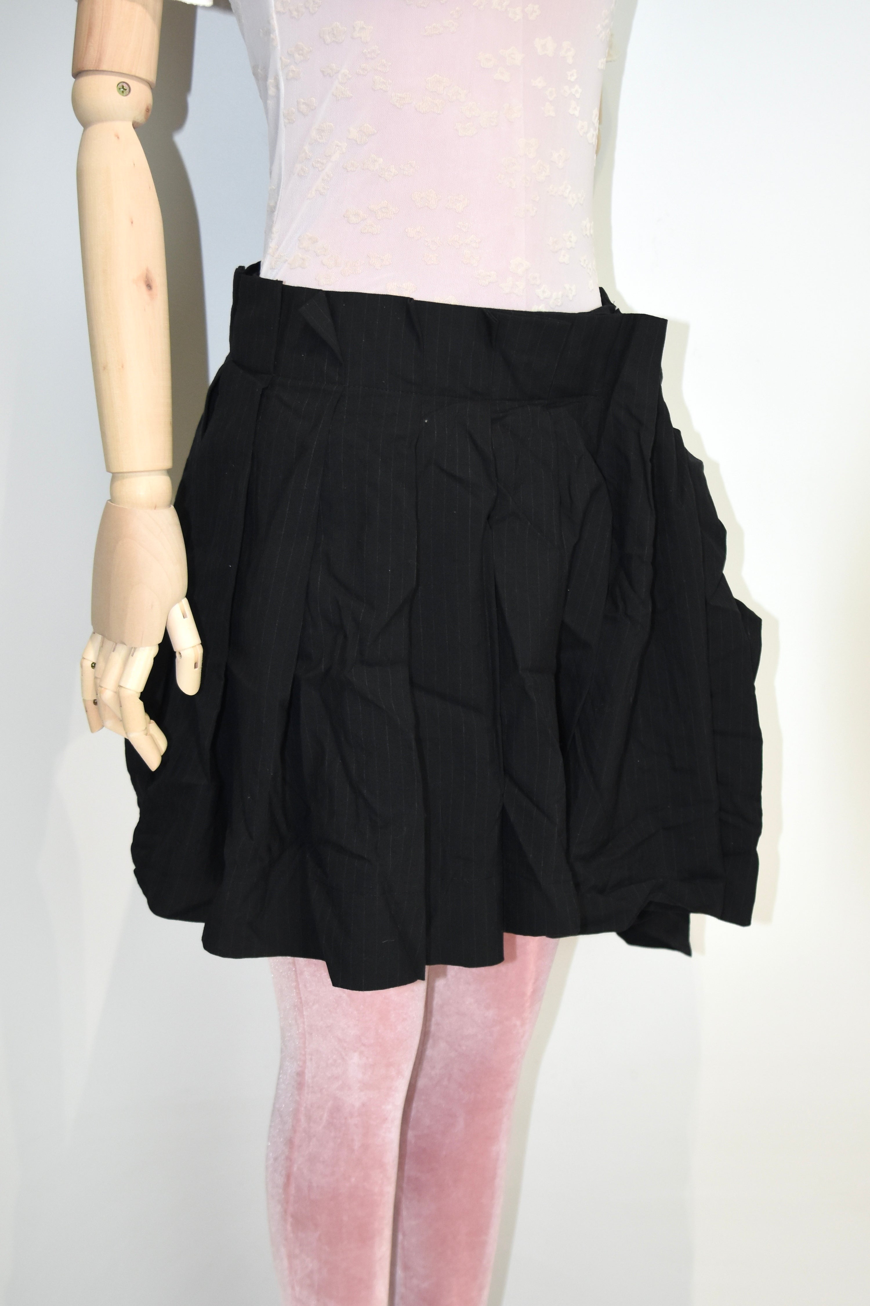 Vivienne Westwood Red Label Asymmetric Pleated Mini Skirt – Black Pinstripe Draped Archive Piece