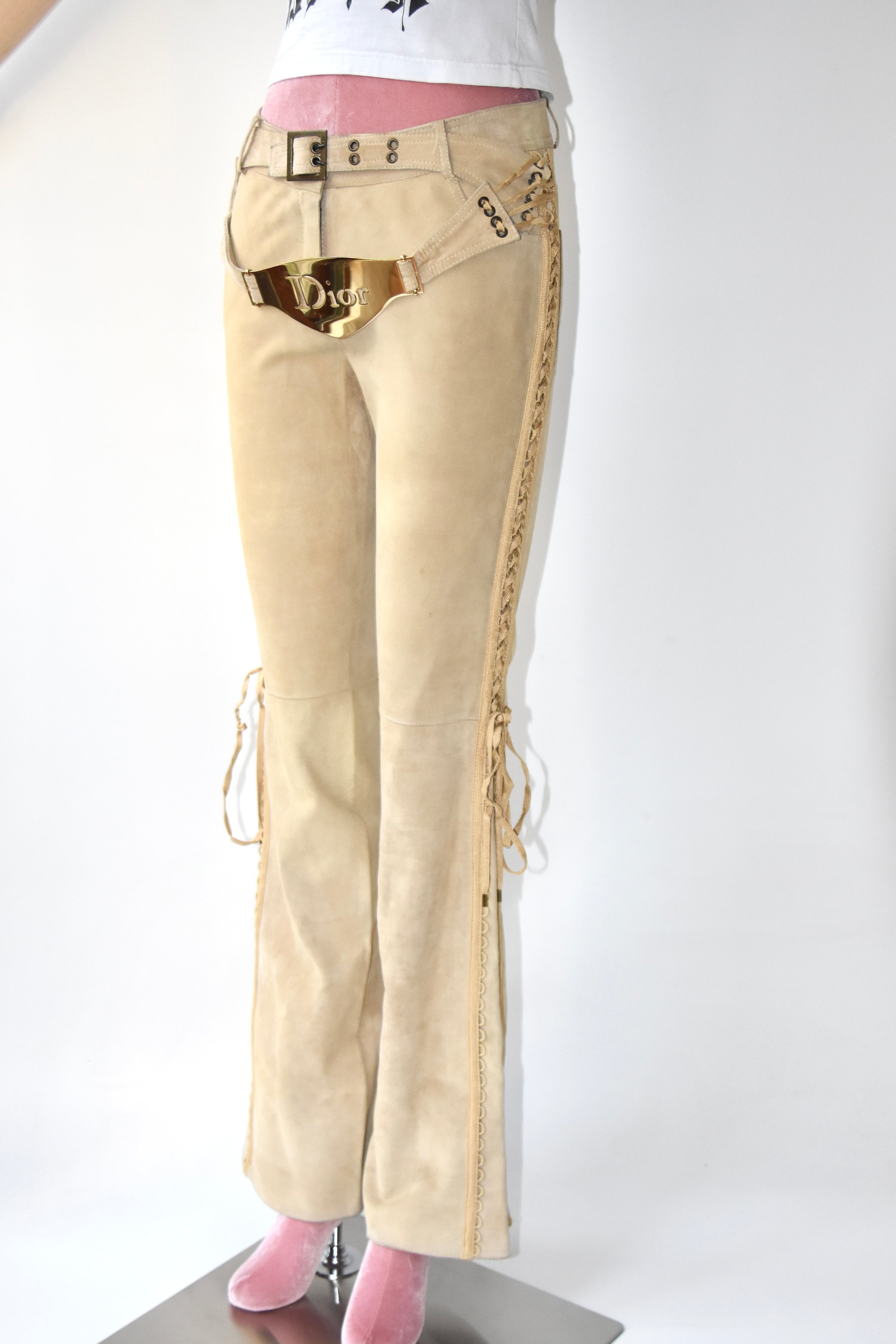 Christian Dior by John Galliano Suede Lace-Up Flared Trousers
