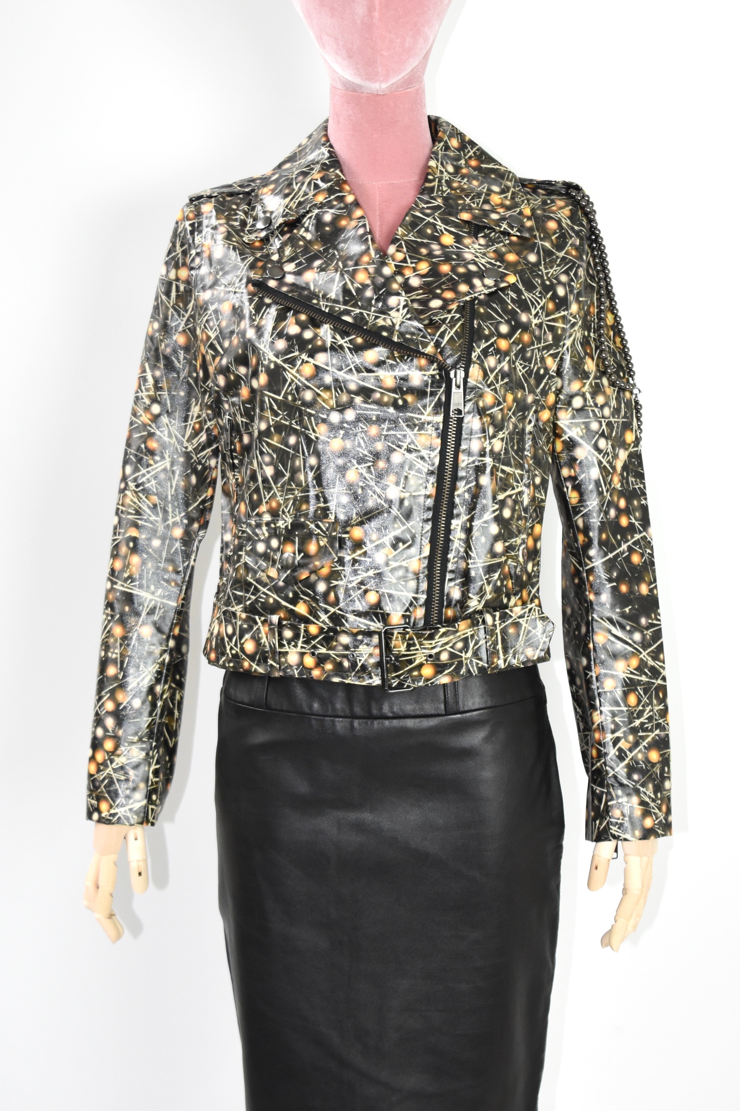 Jean Paul Gaultier for Sept Premières “Abstract Atomic Print” Moto Jacket – Women’s Size 38 (Brand New)