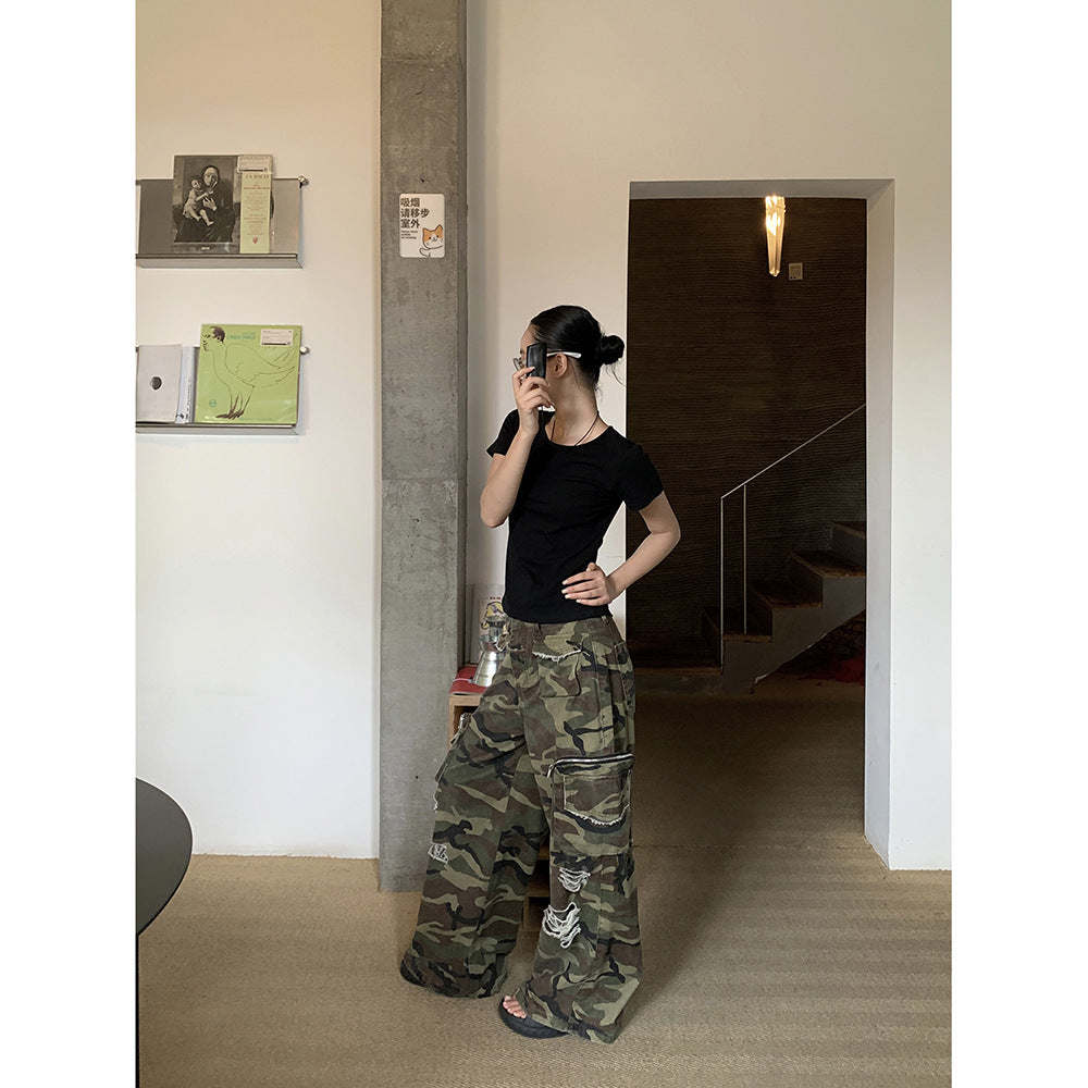 Retro camouflage workwear jeans Summer Ripped Casual Long Pants for Women
