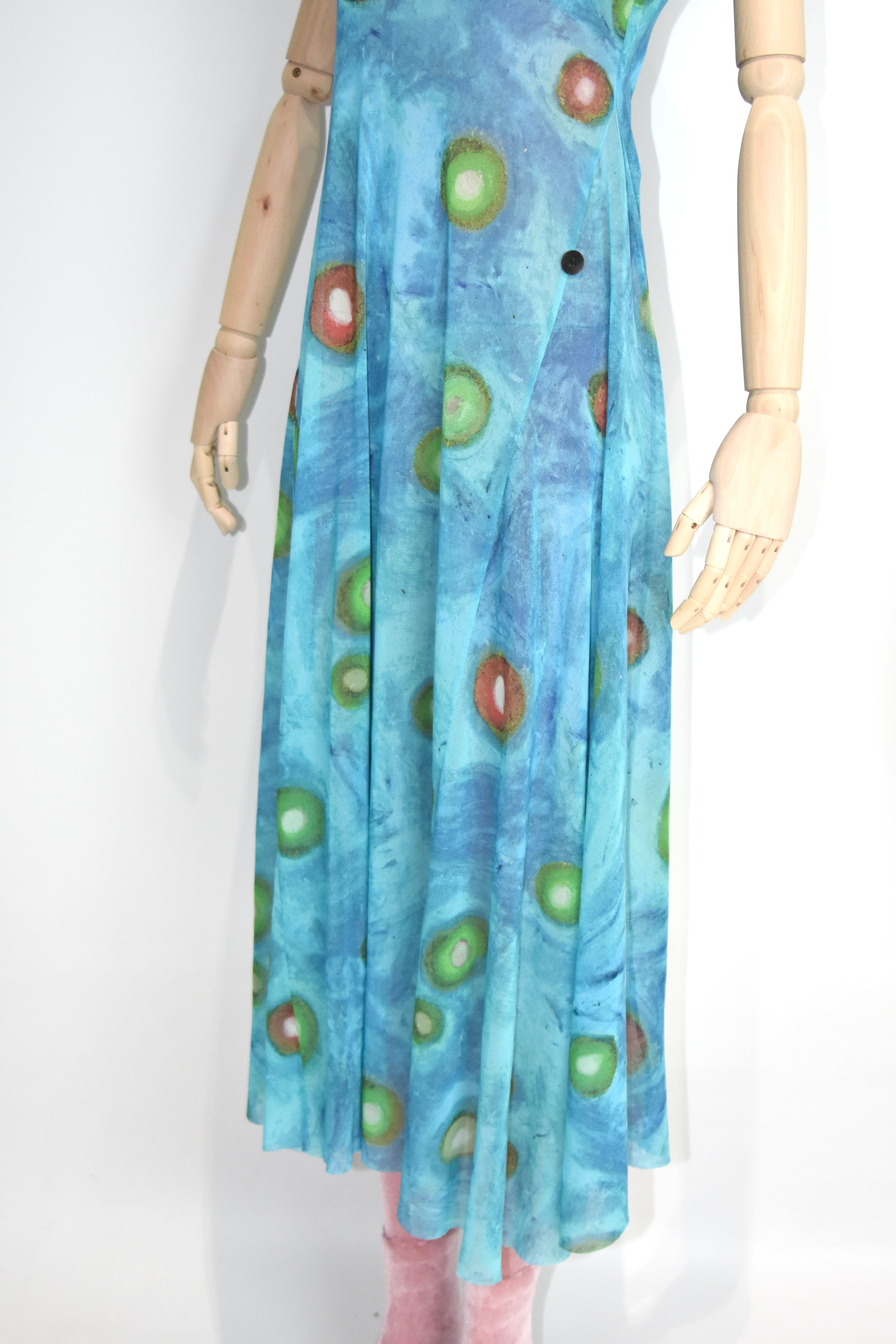 ISSEY MIYAKE Vintage Stretch Mesh Printed Tank Maxi Dress – Water Abstract Motif (Fits Women S–M)