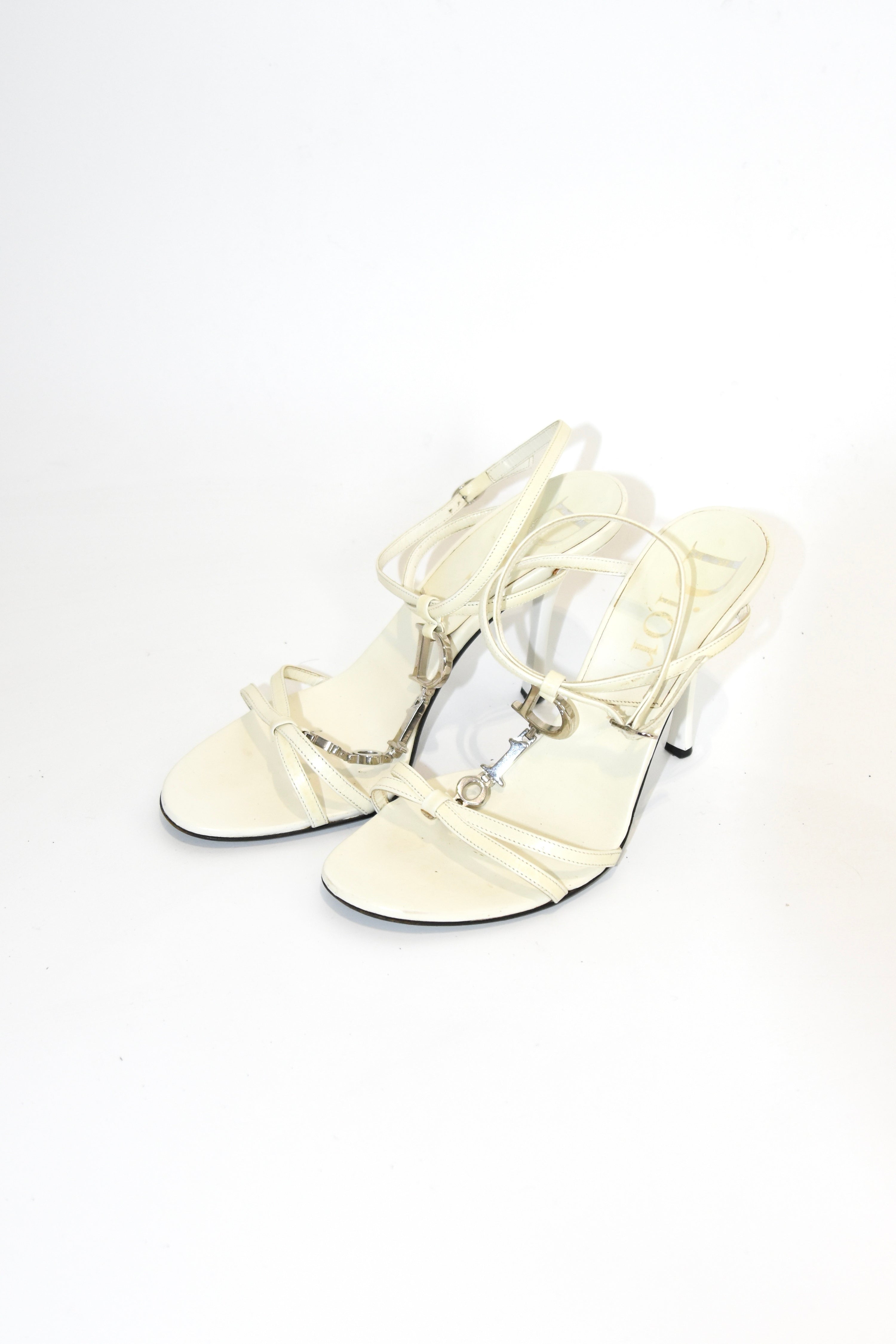 Christian Dior by John Galliano D-I-O-R Charm Strap Heeled Sandals – Vintage White Leather Designer Heels