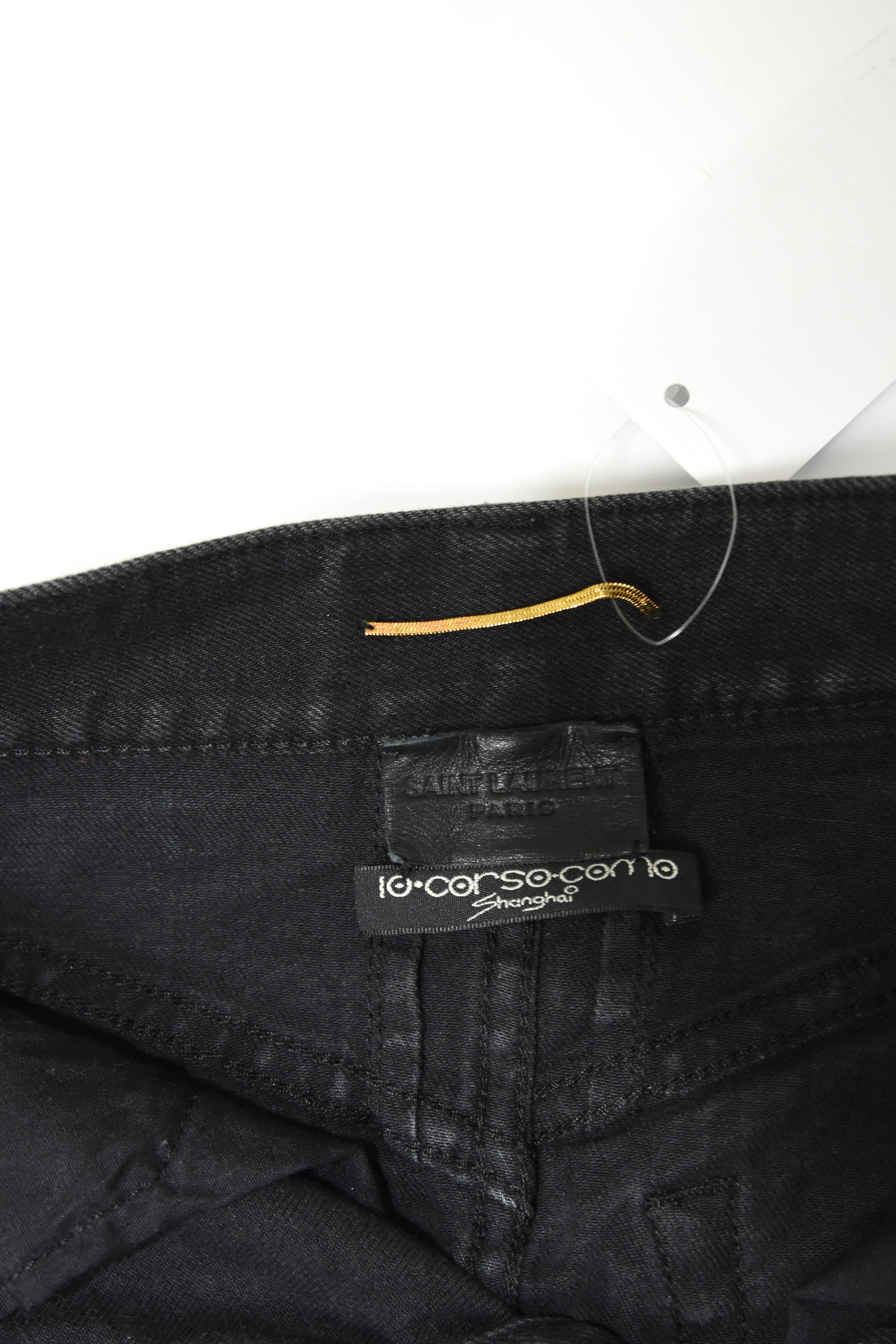 Saint Laurent Paris Embellished Fringe Denim Mini Skirt — Black Distressed High-Rise (Near New)