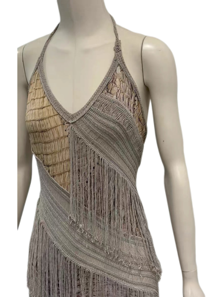 Roberto Cavalli 2011 Spring/Summer Runway Crocodile-Embossed Fringe Halter Dress