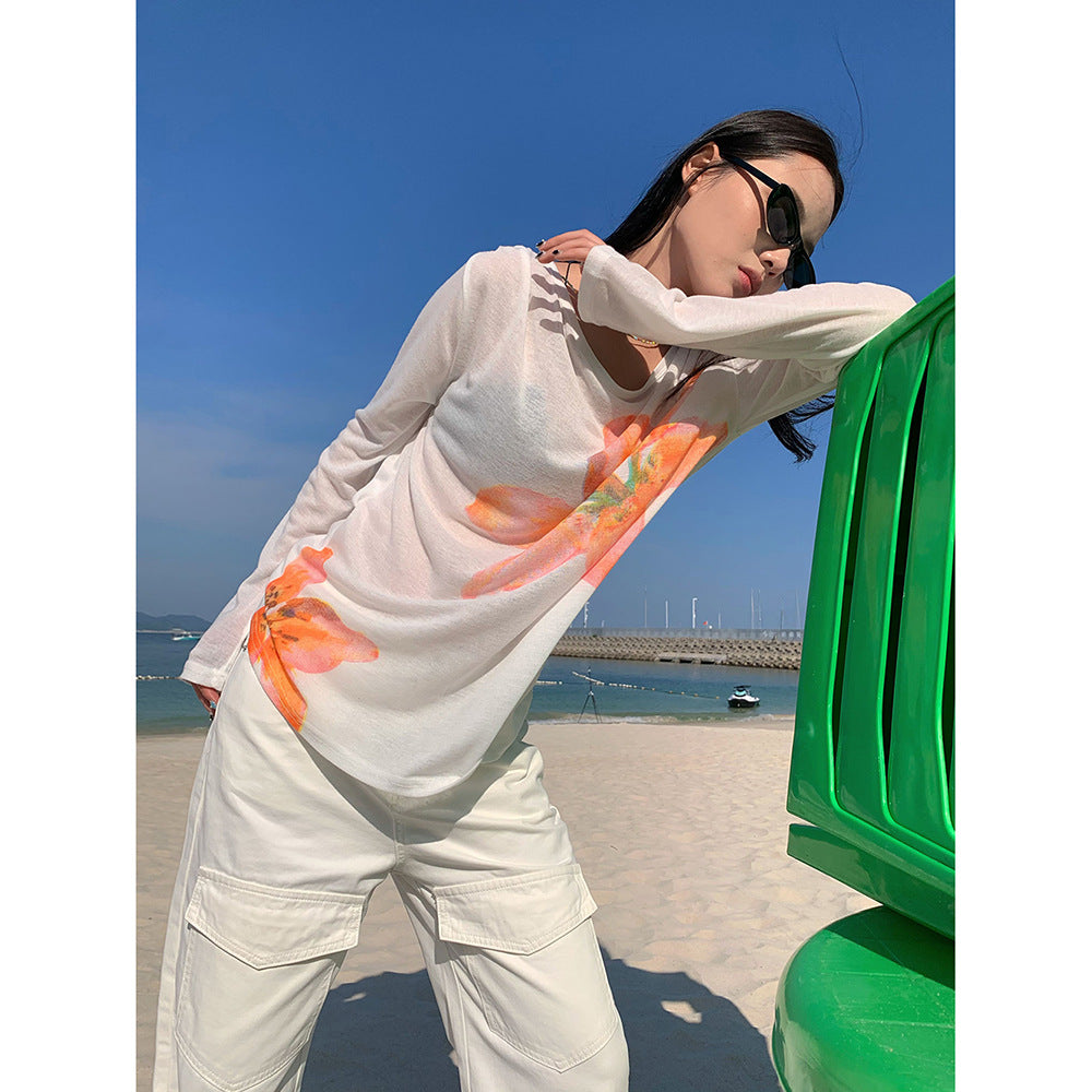 Sweet and Versatile Floral Women's T-shirt Spring Long Sleeve Loose Top