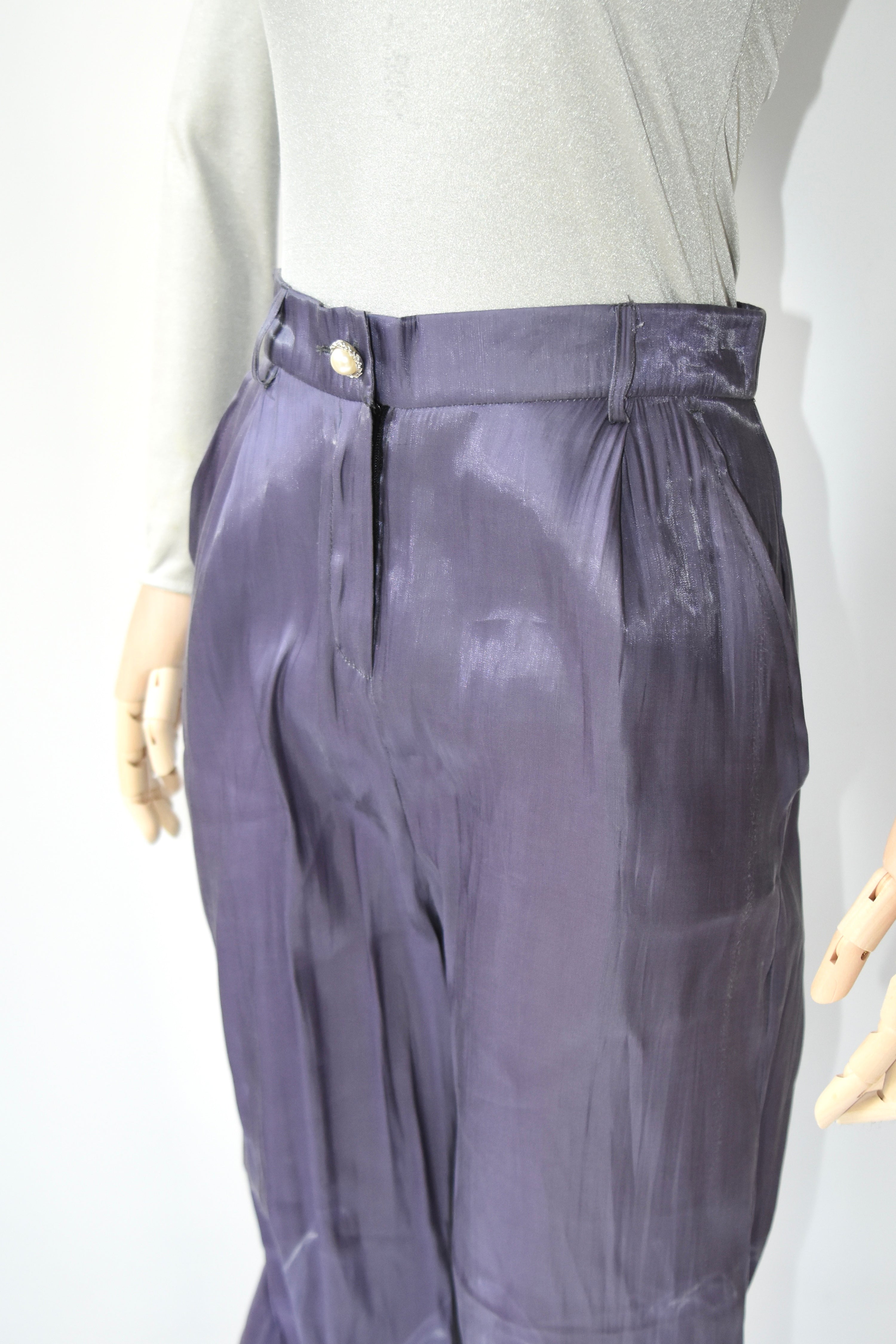1200AM Purple Silk Lightning Print Flared Wide-Leg Trousers – Elastic Waist Statement Piece