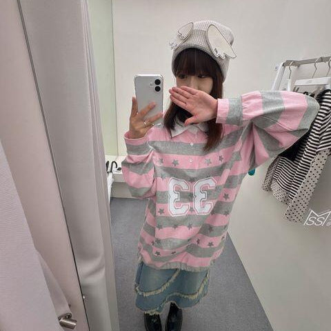 Korean Loose Pink and Grey Striped Polo Sweatshirt Top