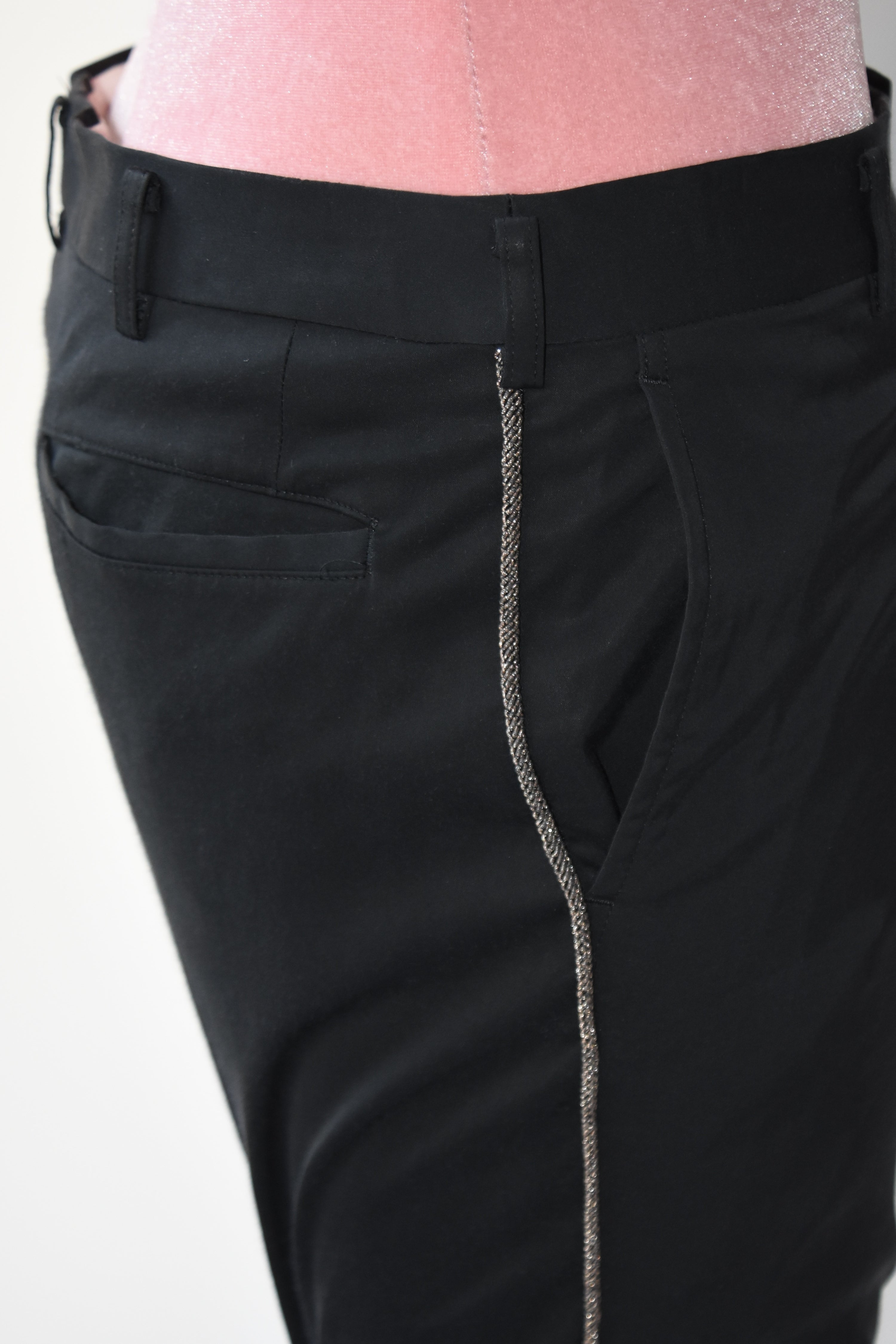 Comme des Garçons AD2010 Twisted Tailored Cropped Pants – Black Sculptural Gold-Trim Vintage Trousers