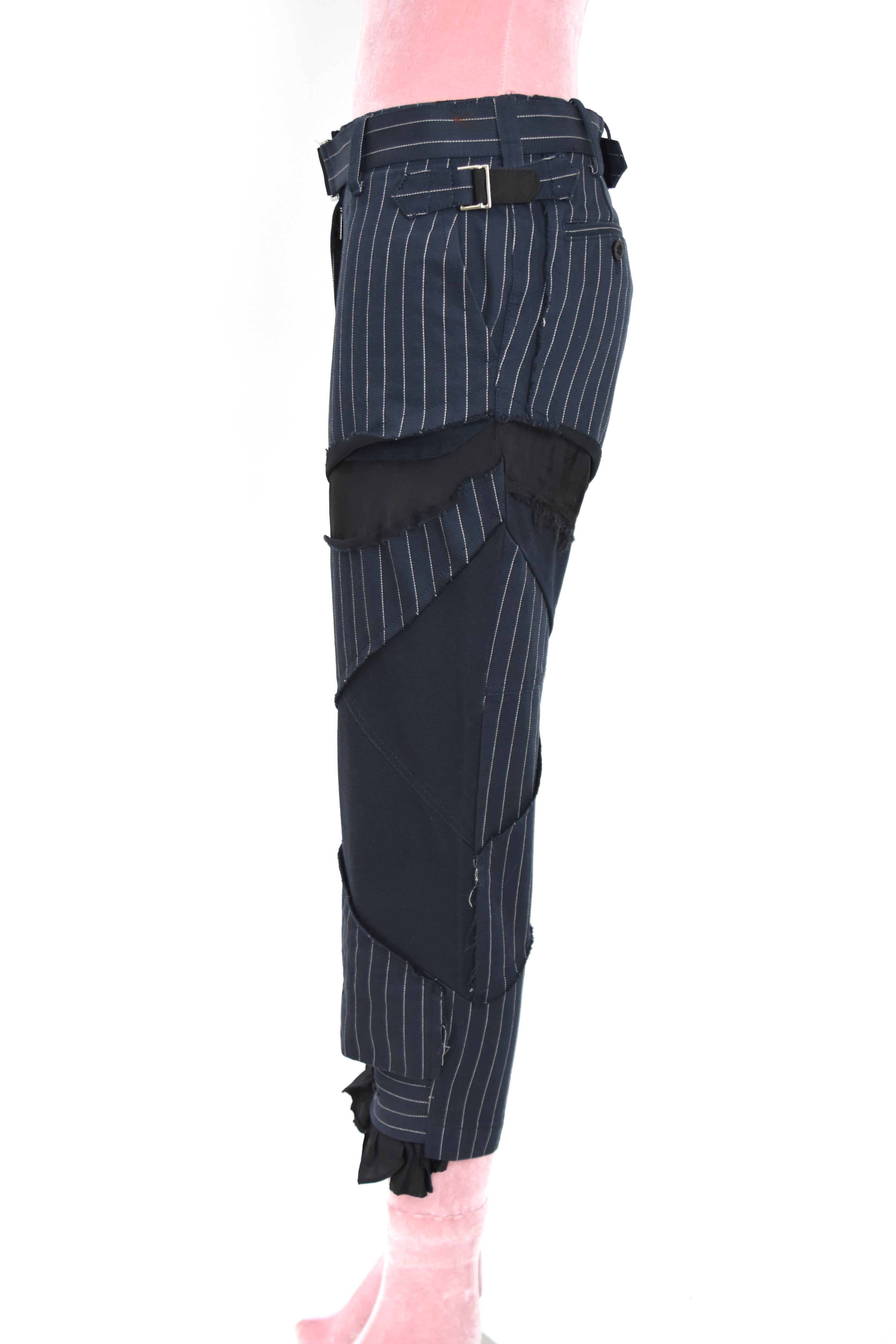 SACAI Hybrid Pinstripe Panel Deconstructed Pants – Model 18-03791 – Size 0 (Runway Construction / Japan Made)