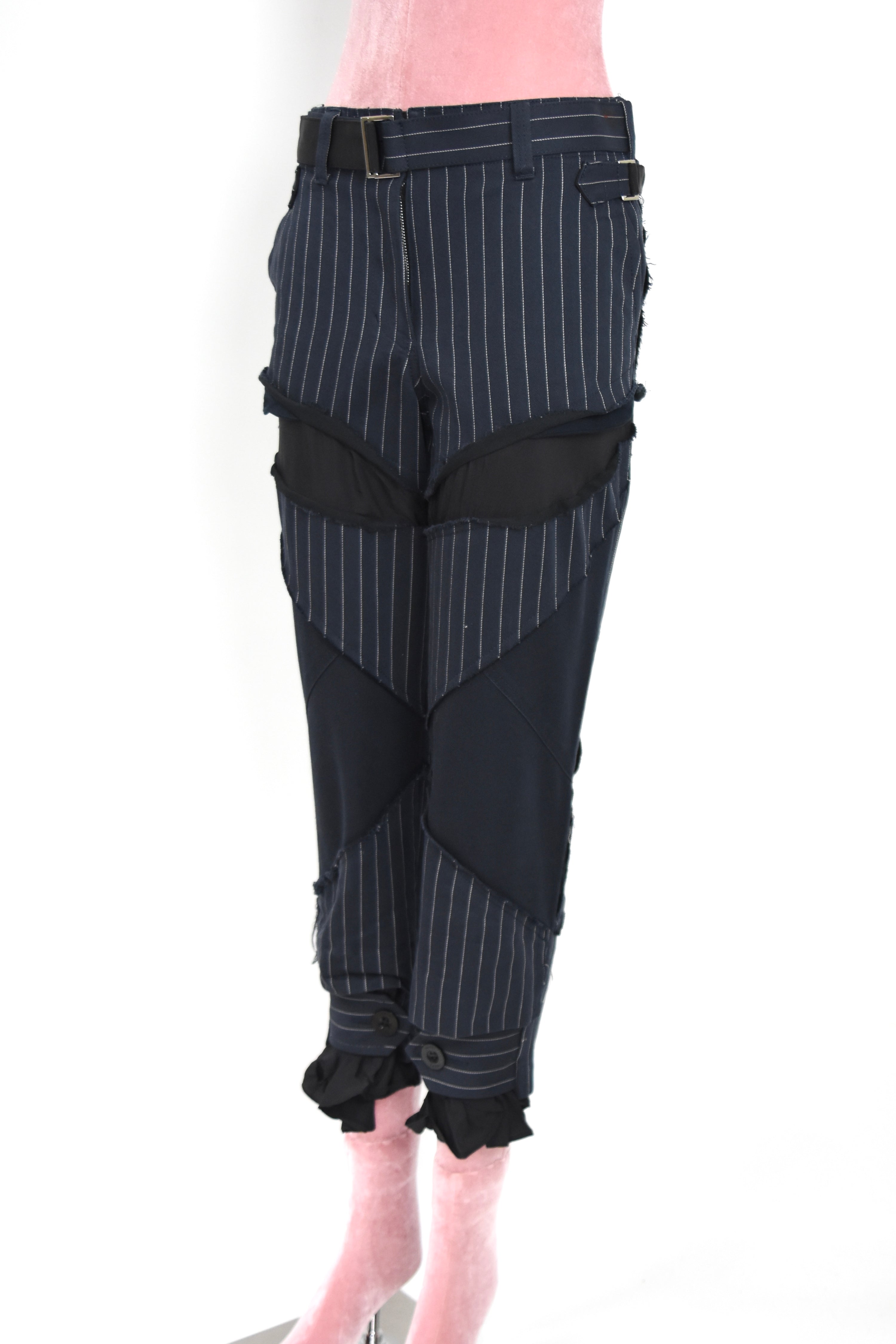 SACAI Hybrid Pinstripe Panel Deconstructed Pants – Model 18-03791 – Size 0 (Runway Construction / Japan Made)