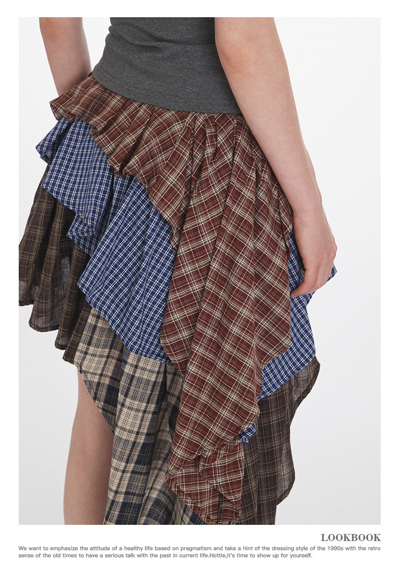 Irregular High Waist Plaid Patchwork Skirt for Women, Unique Sweet and Anti-Exposure Short Skirt