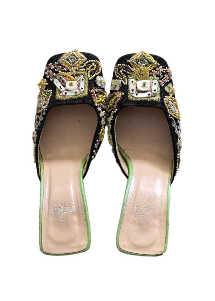 Fendi Black Satin Embroidered & Beaded Heels