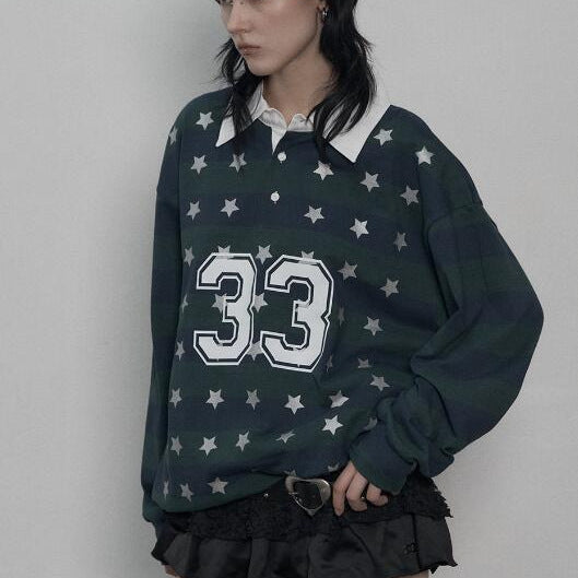 Korean Loose Pink and Grey Striped Polo Sweatshirt Top