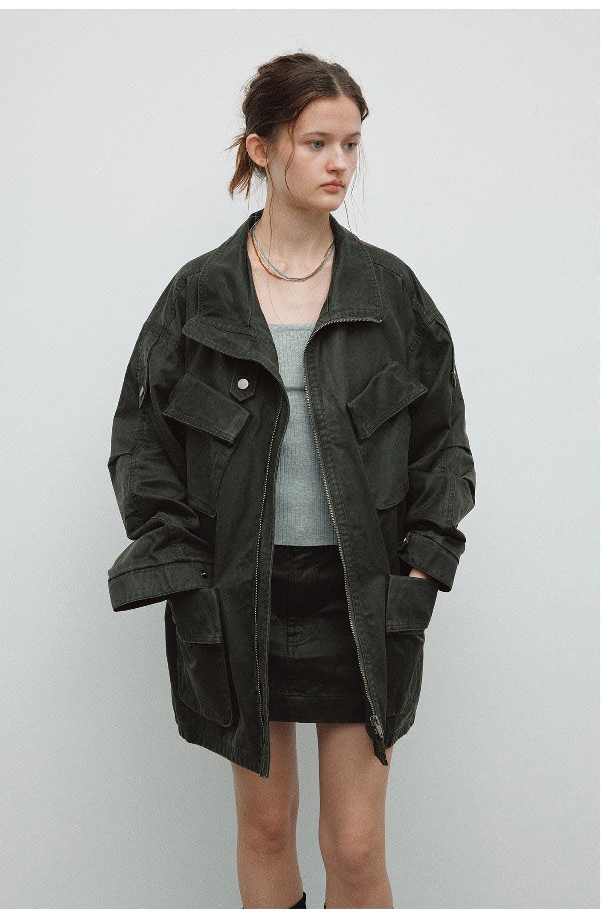 Spring New Casual Turn-Down Collar Vintage Distressed Multi-Pocket Versatile Long Jacket Coat