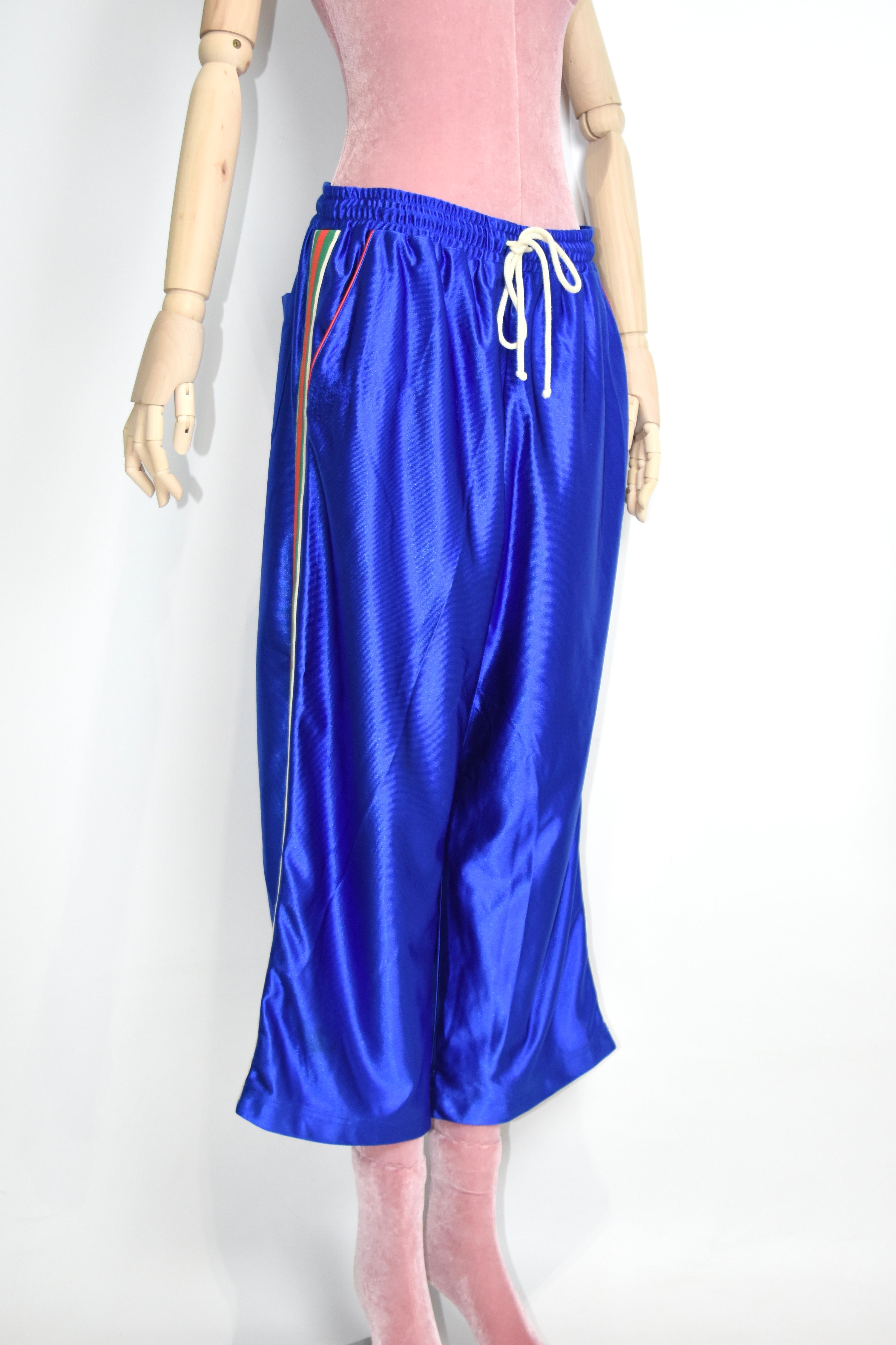 Gucci Blue Satin Track Pants with Web Stripe – Alessandro Michele Era Silk-Look Jogger Trousers