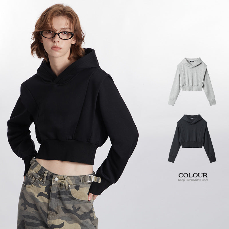 Black and Grey Cotton Poll Over Crop Hoodie Women's