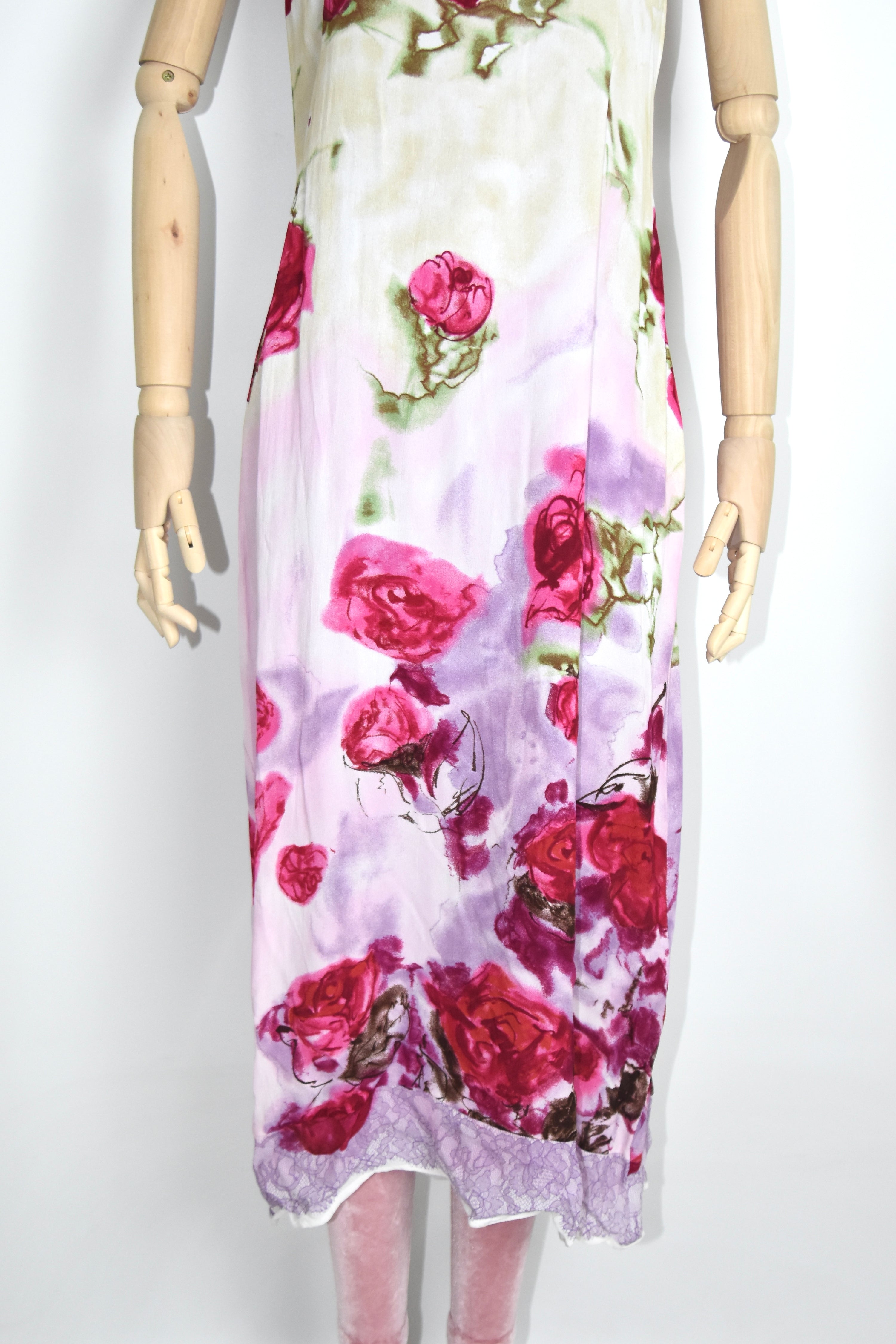 Blumarine F/W 1997 Rose-Print Layered Hooded Slip Dress