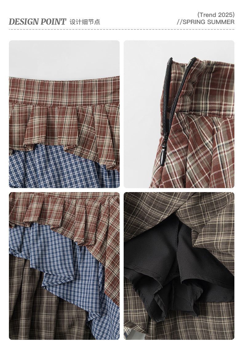 Irregular High Waist Plaid Patchwork Skirt for Women, Unique Sweet and Anti-Exposure Short Skirt