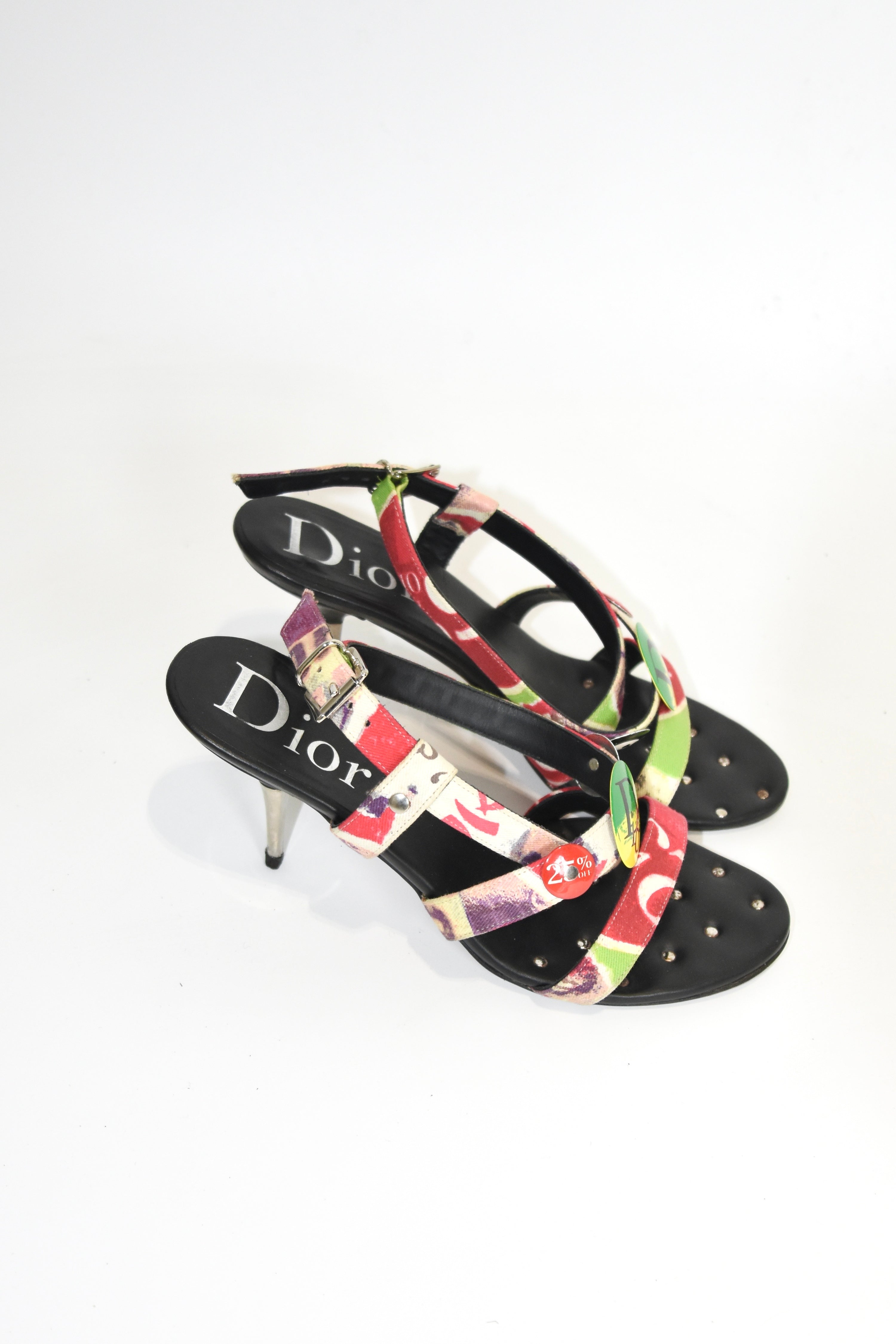 Christian Dior by John Galliano Punk Graffiti Print Strap Heels – Early 2000s Vintage Dior Sandals