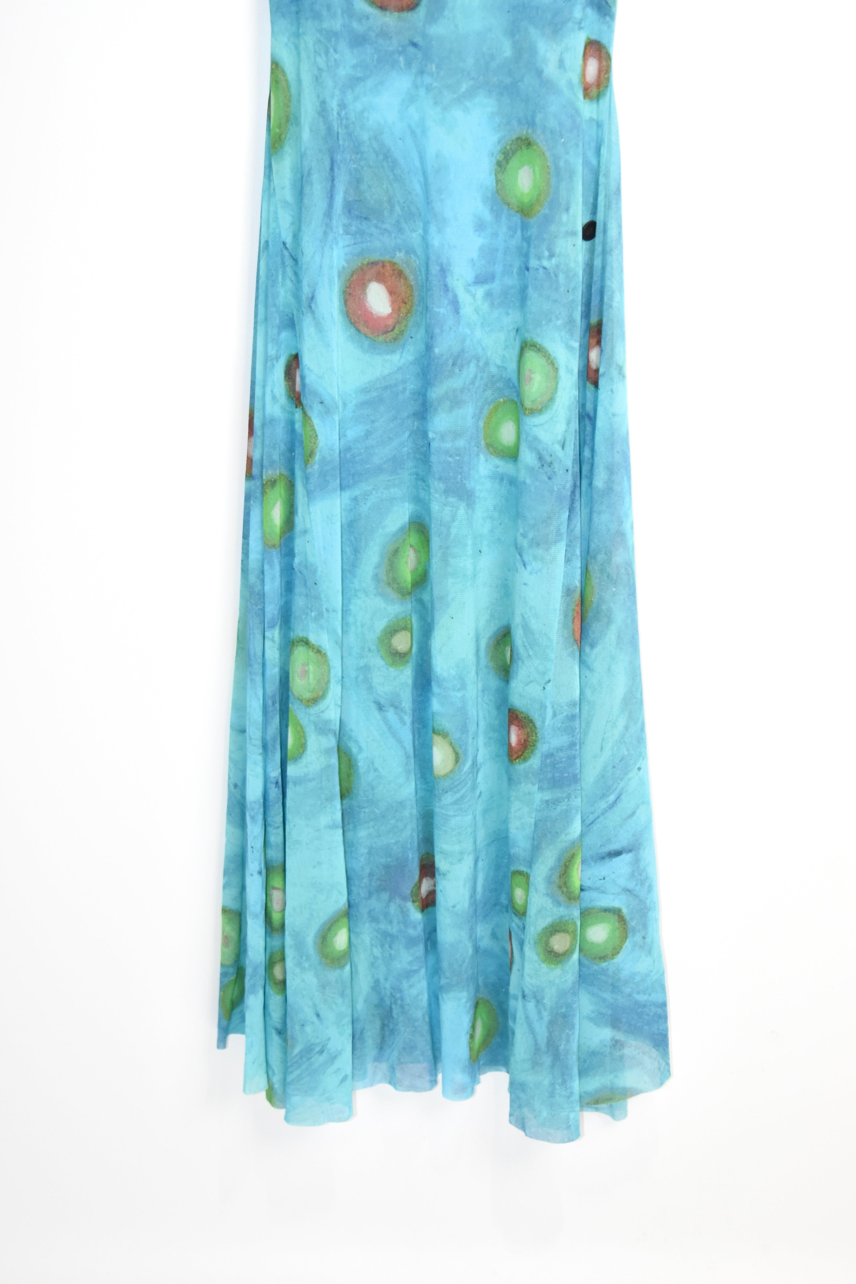 ISSEY MIYAKE Vintage Stretch Mesh Printed Tank Maxi Dress – Water Abstract Motif (Fits Women S–M)