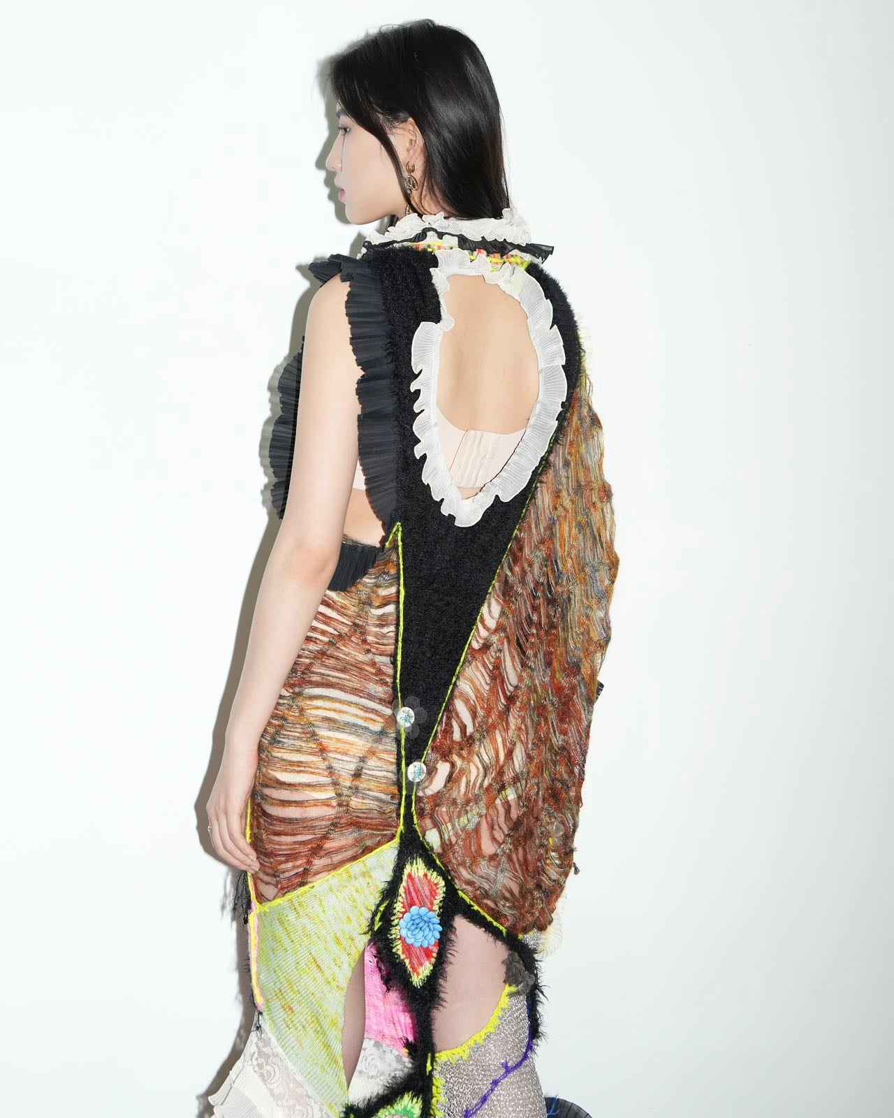 YAONOVA Hand-Knitted Ruffle Dress with Train