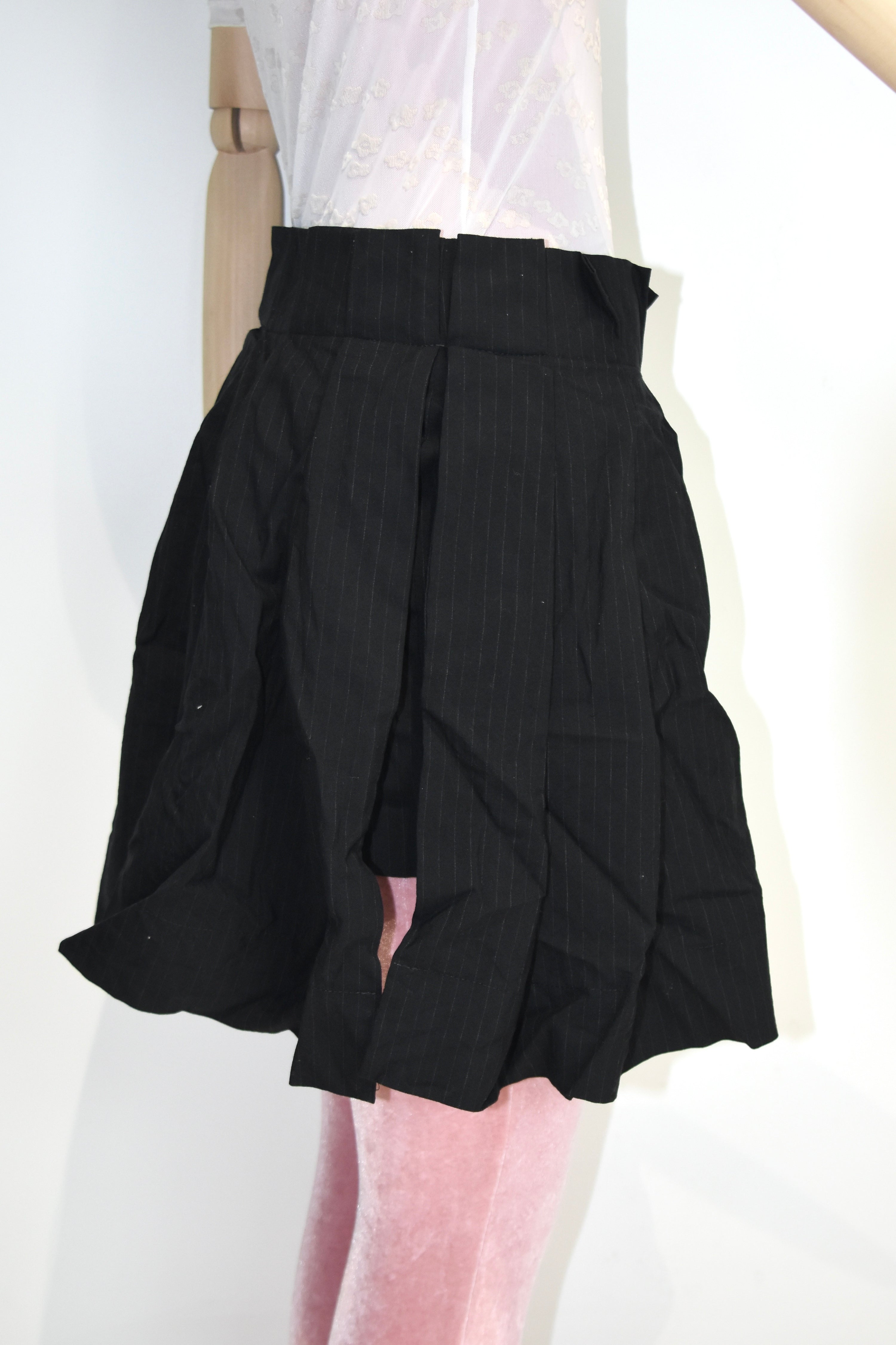 Vivienne Westwood Red Label Asymmetric Pleated Mini Skirt – Black Pinstripe Draped Archive Piece