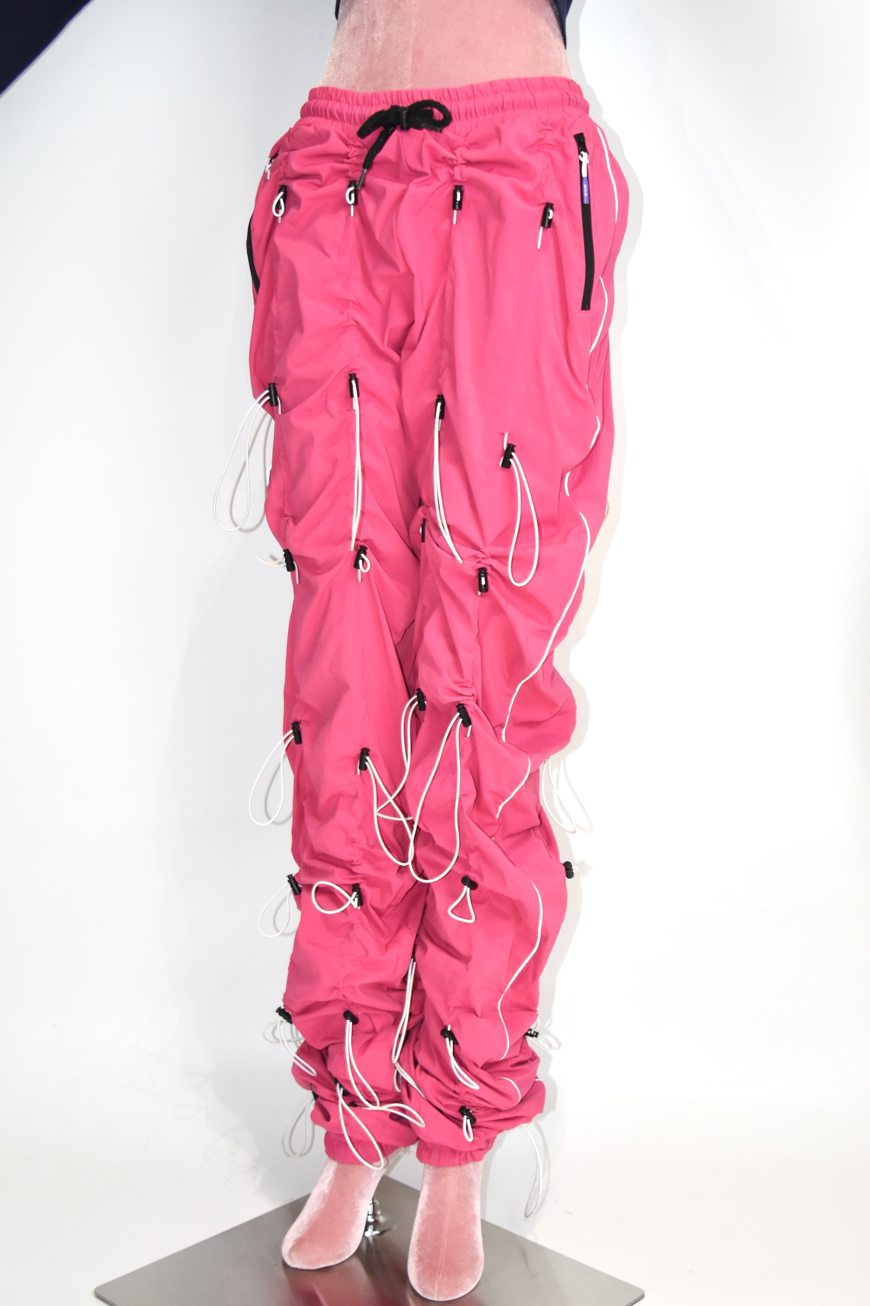 99%IS “Drawcord Ruched” Hot Pink Nylon Punk-Tech Pants – Unisex Korean Streetwear Archive Piece