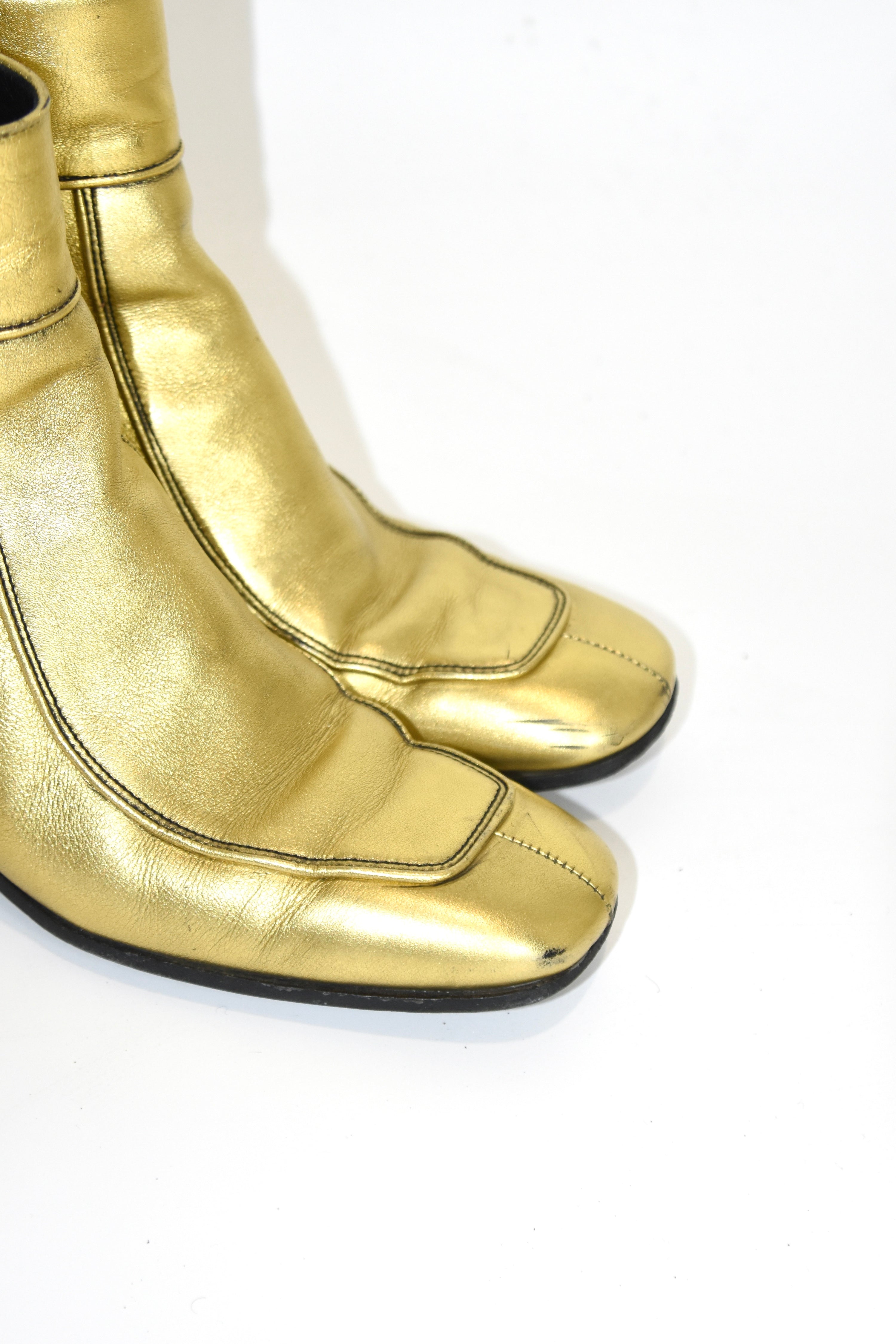 Saint Laurent Gold Sculpted Leather Ankle Boots