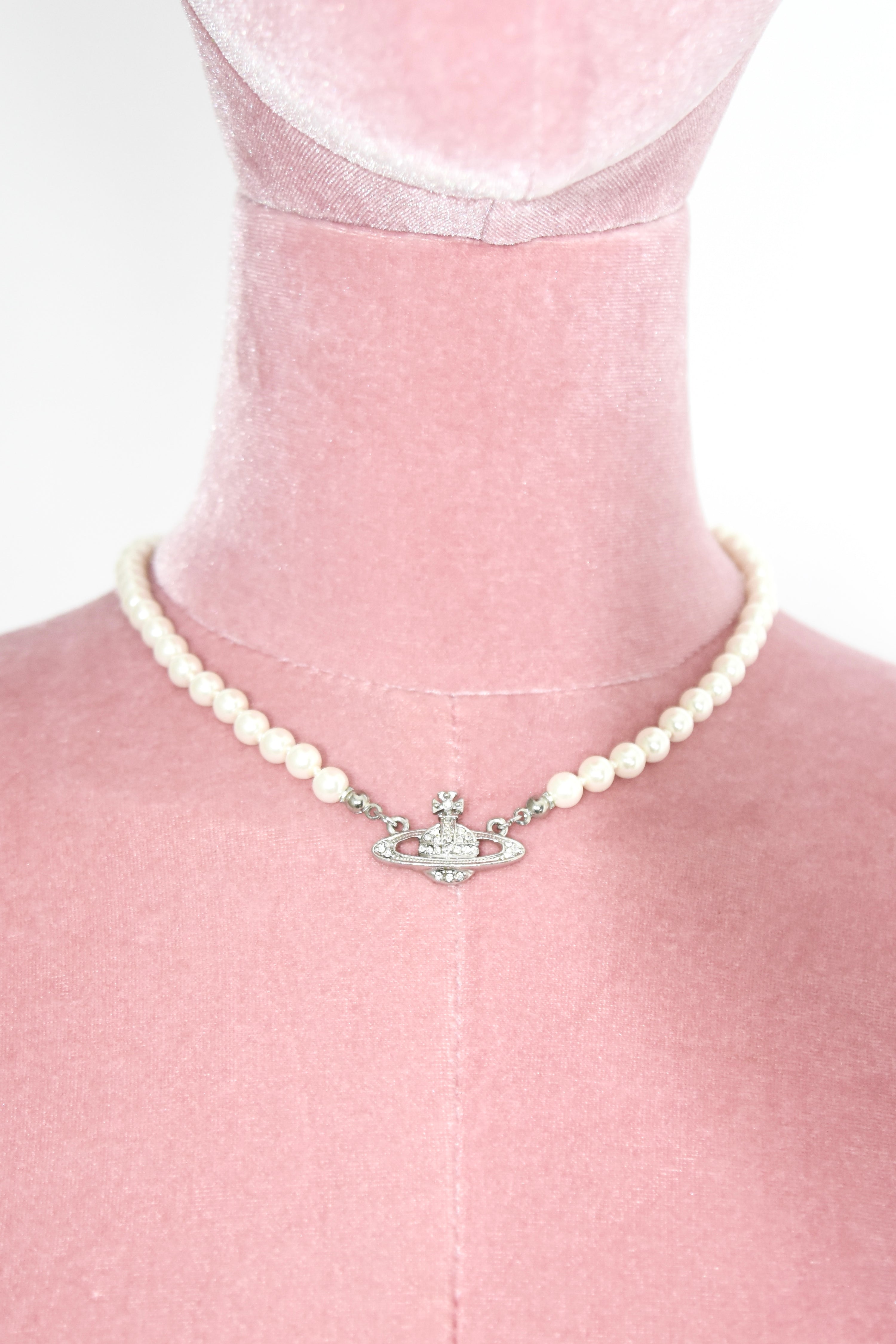 Vivienne Westwood Orb Pearl Necklace with Crystal Embellished Pendant – Classic Vintage Icon Piece