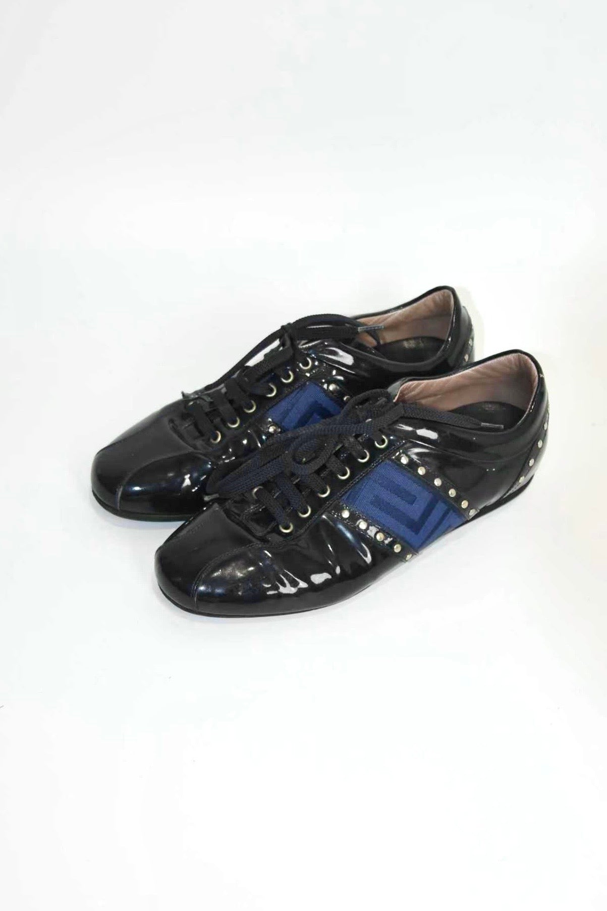 Versace Patent Leather Studded Lace-Up Sneakers – Size 37 (Made in Italy / Blue Greek Key / Archive)