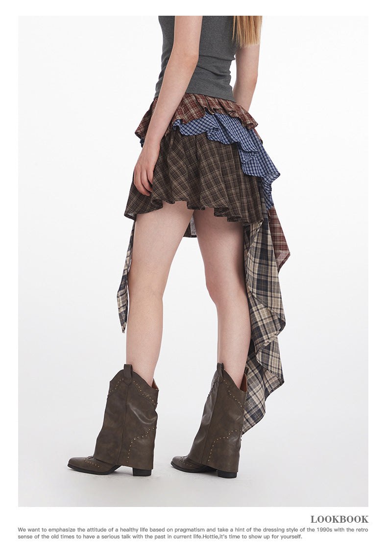 Irregular High Waist Plaid Patchwork Skirt for Women, Unique Sweet and Anti-Exposure Short Skirt