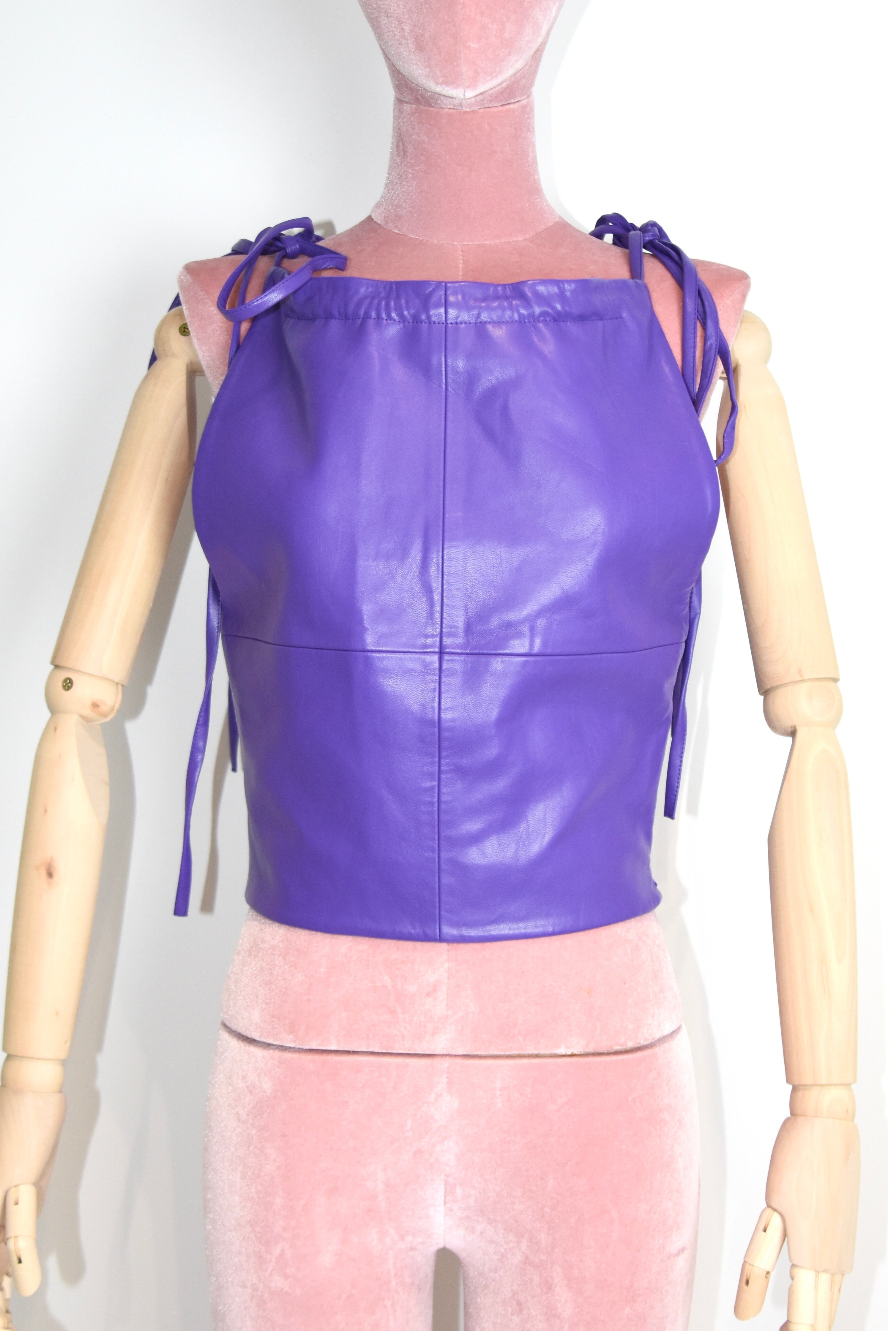 George Keburia Purple Faux Leather Lace-Tie Top