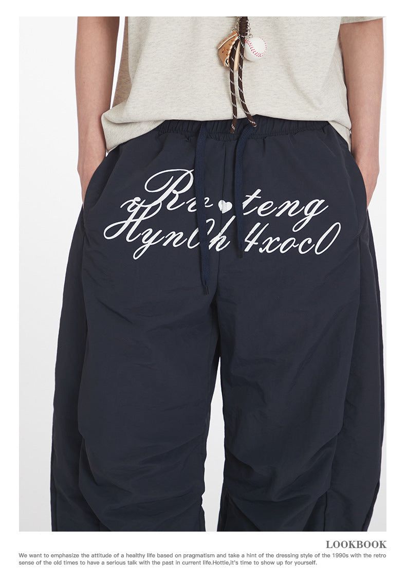 Men's Letter Print Pleated Casual Pants Women's Trendy Loose Cargo Wide-Leg Scimitar Pants