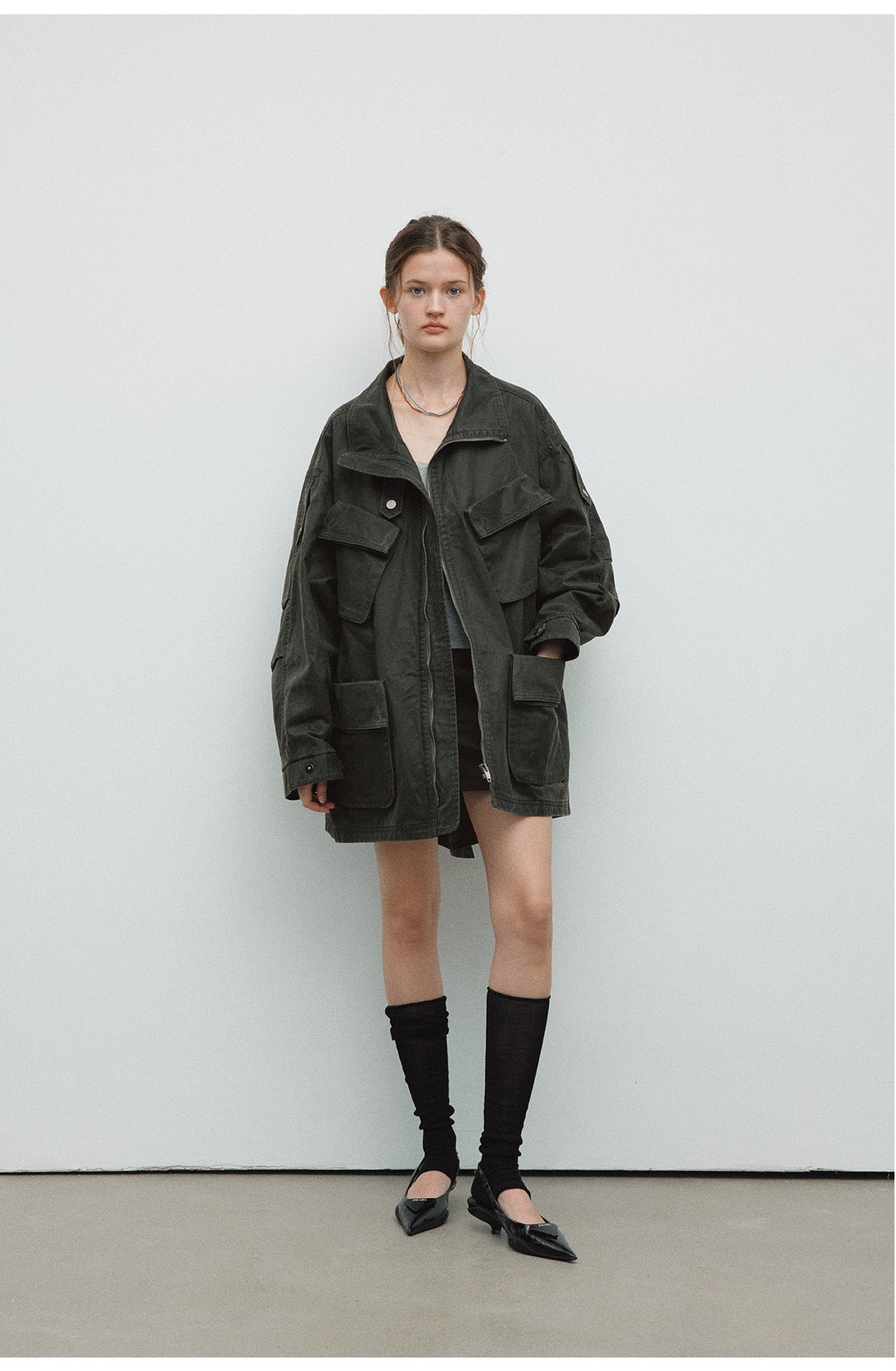Spring New Casual Turn-Down Collar Vintage Distressed Multi-Pocket Versatile Long Jacket Coat