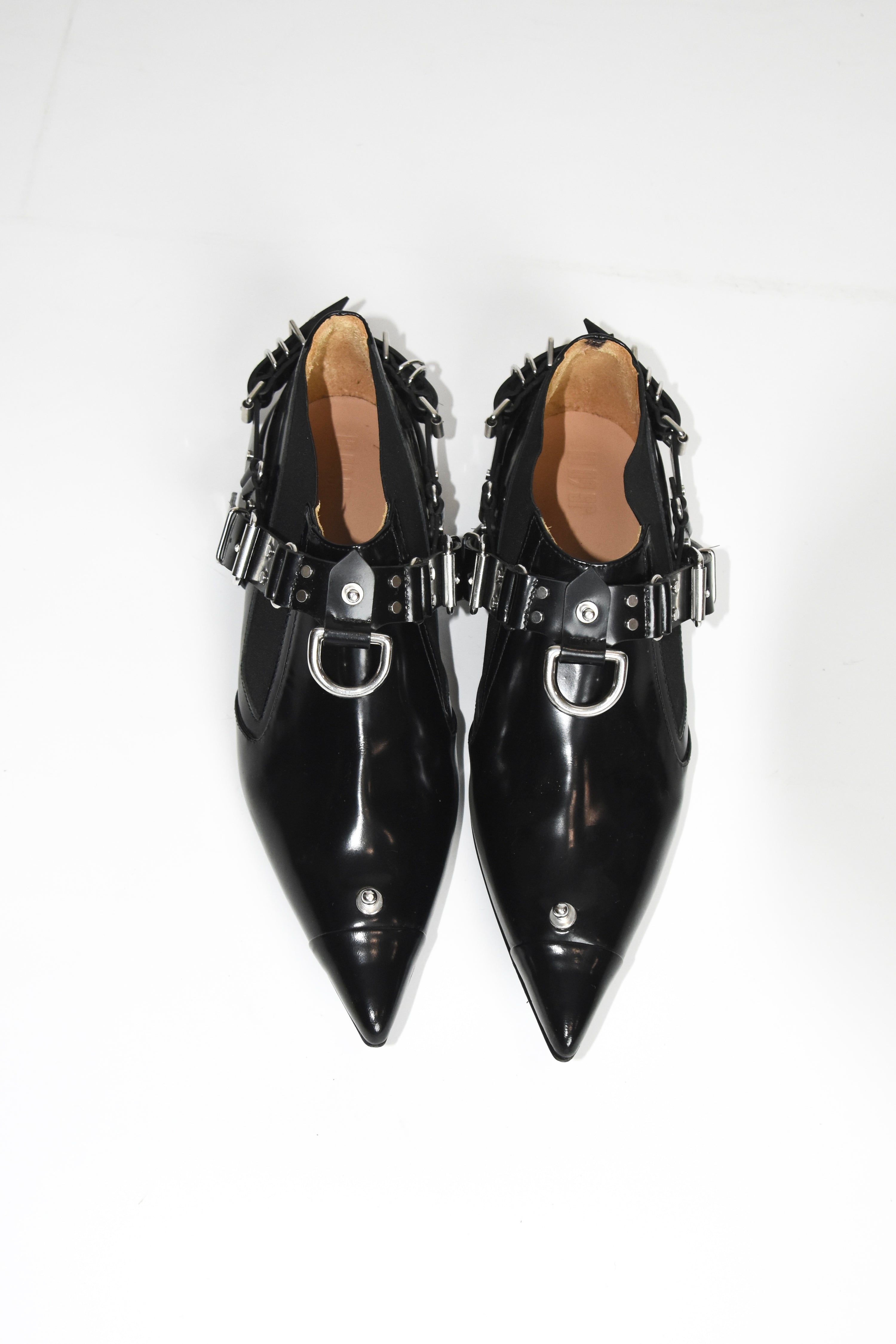 13 09 SR Black Punk Harness Leather Shoes – Metal Hardware Strap Pointed Toe Derby