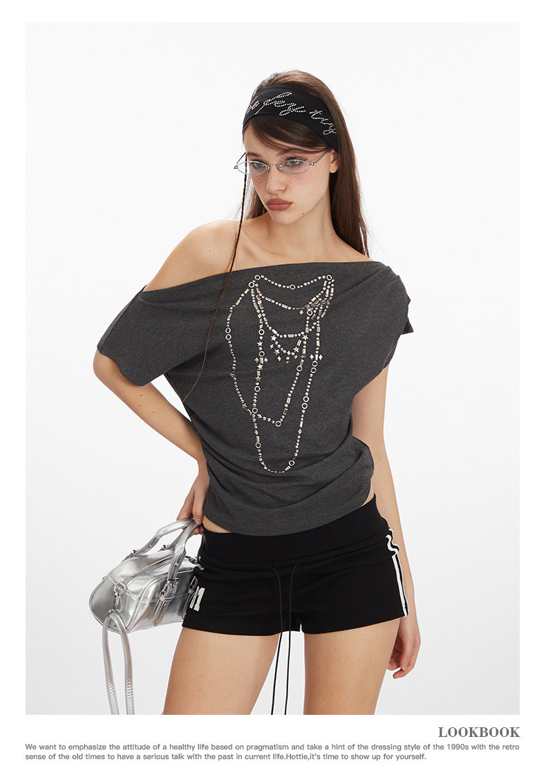 Off-shoulder design one-shoulder spicy short style T-shirt 2025 New summer short-sleeved off-shoulder top for women