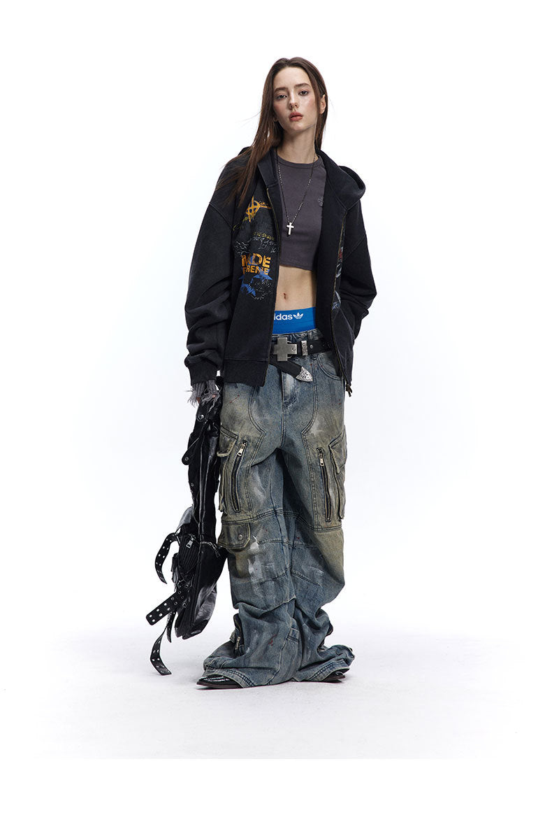 Street hip-hop graffiti sweatshirt for men and women, spring and autumn season oversize Trendy Hooded Cardigan Jacket