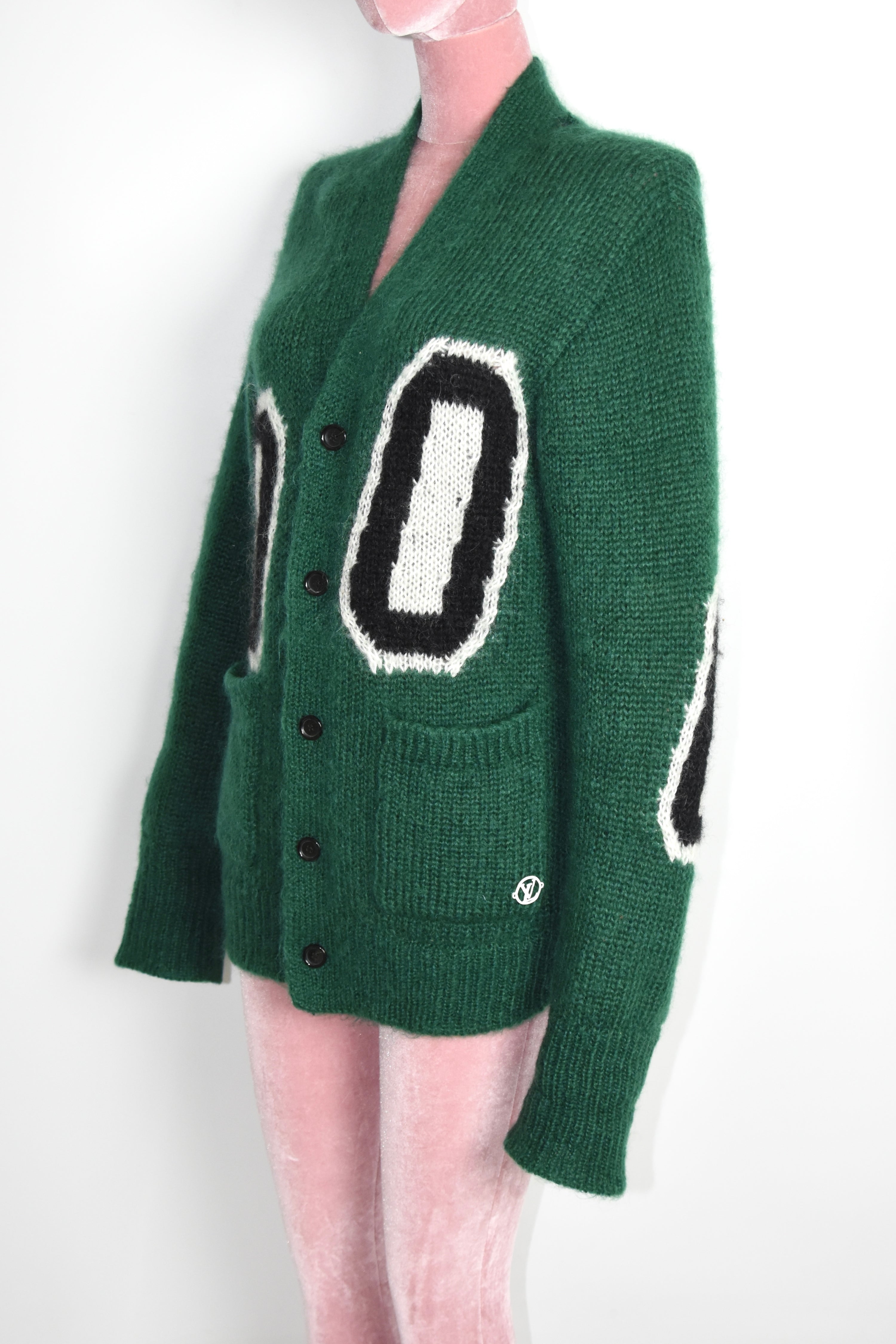 Louis Vuitton Mohair Intarsia Logo Wool Cardigan – Emerald Green Graphic Knit Sweater