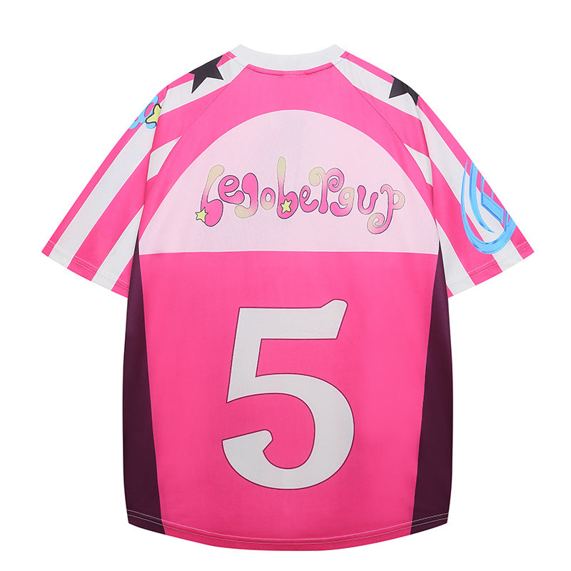 Y2K Cute Football Print Pink and Purple Mesh Breathable Short Sleeve T-shirt