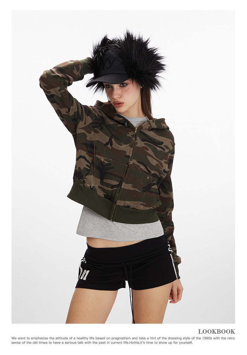Camouflage short hot girl hooded sweatshirt for women2025Spring and Autumn Zipper Retro Cardigan Jacket