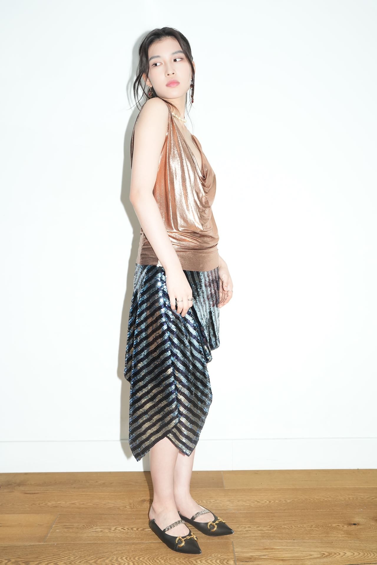YAONOVA Asymmetric Sequin Skirt