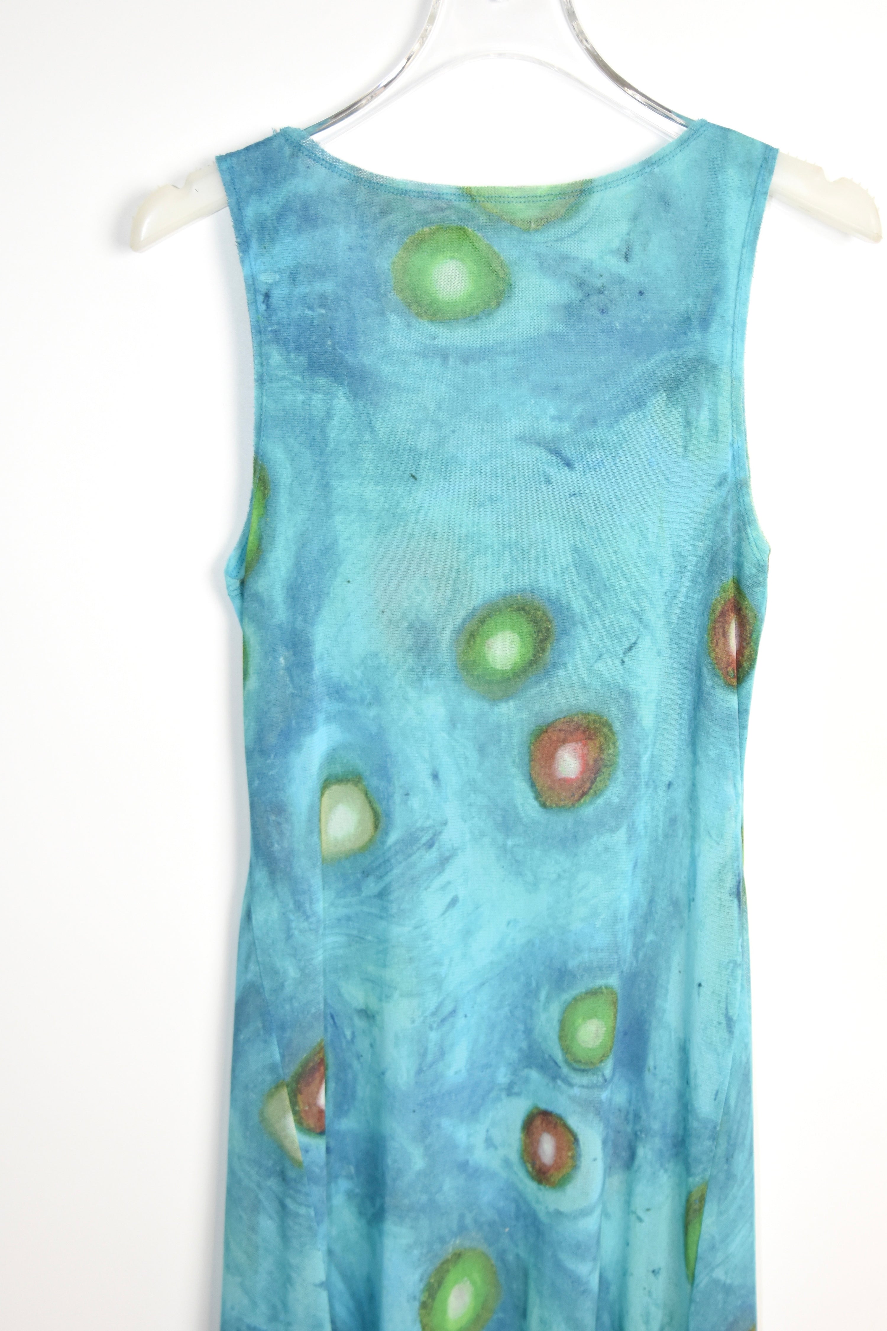 ISSEY MIYAKE Vintage Stretch Mesh Printed Tank Maxi Dress – Water Abstract Motif (Fits Women S–M)