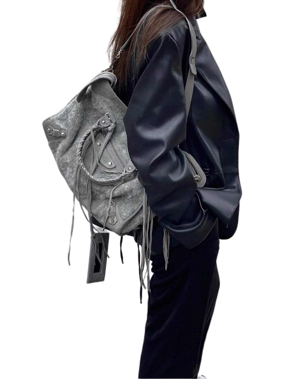 BALENCIAGA Rare Grey Shearling Suede City Bag — Medium