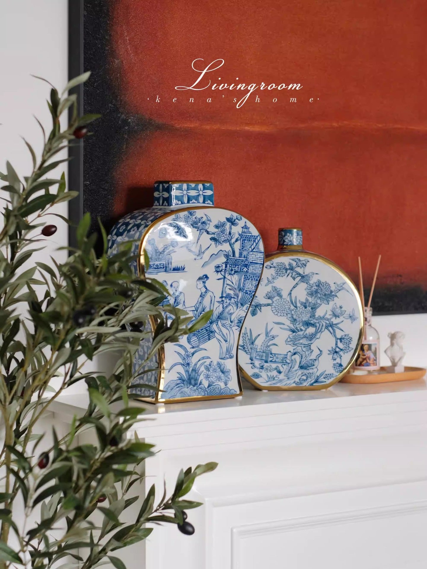 Oriental Paris Blue and White Porcelain Grisaille New Chinese Style Ink Painting Gold-Embossed Color Porcelain Vase Ornament