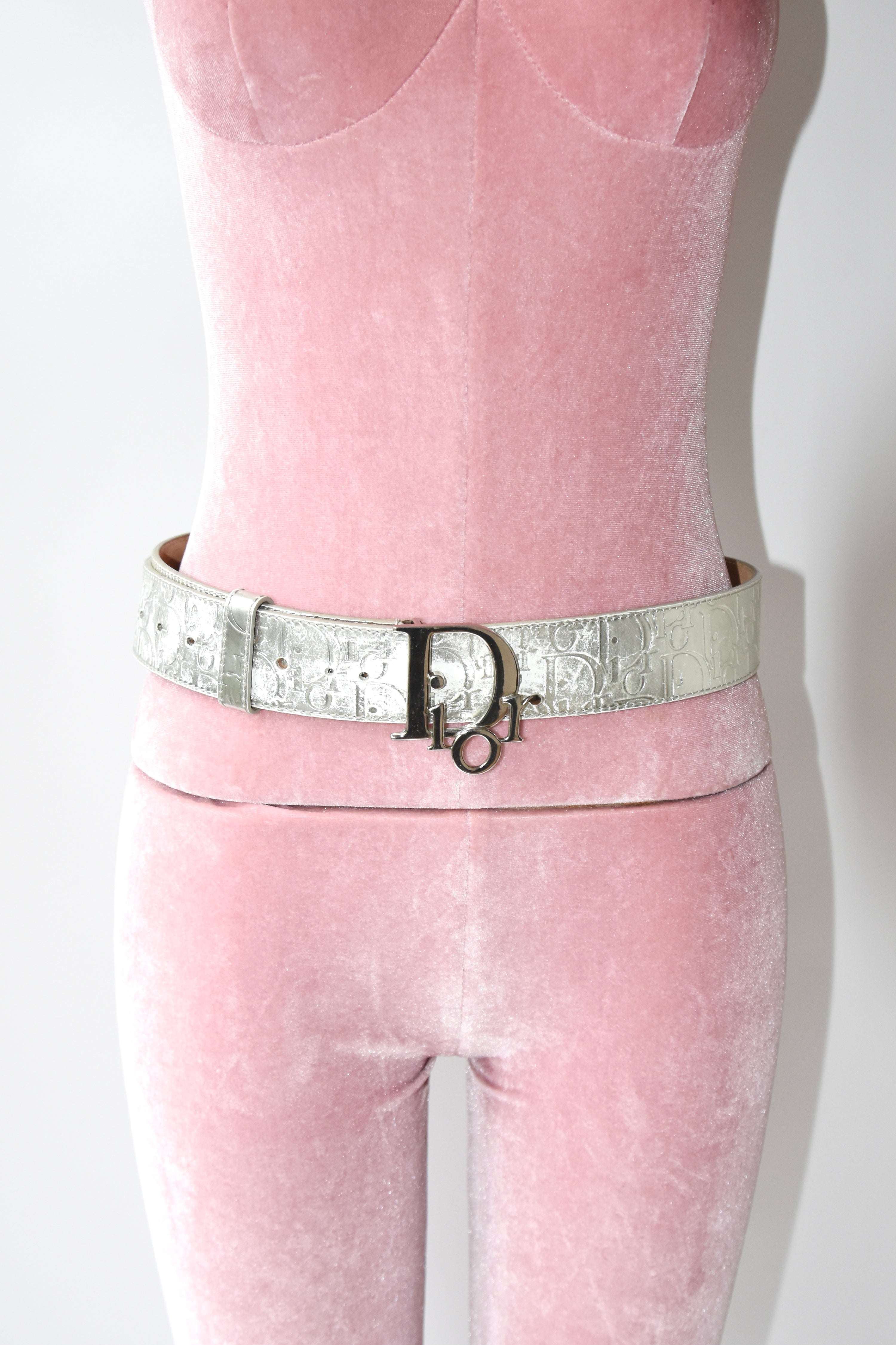 Christian Dior Silver Embossed Logo Buckle Belt