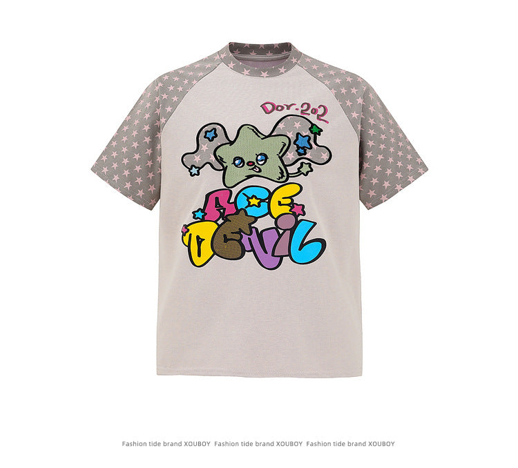 Light Brown Cartoon Print Pink Stars Short Sleeve Unisex Summer T-shirt