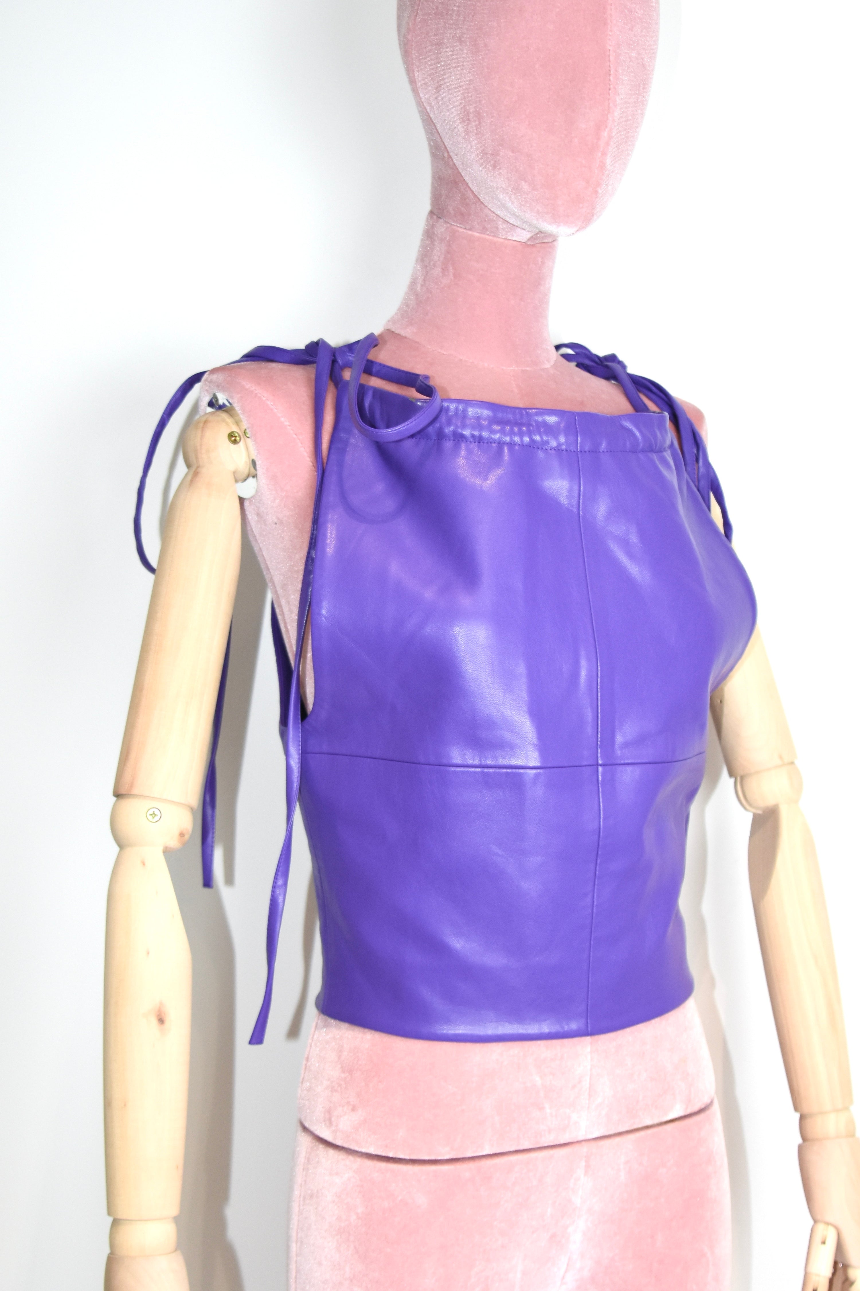 George Keburia Purple Faux Leather Lace-Tie Top