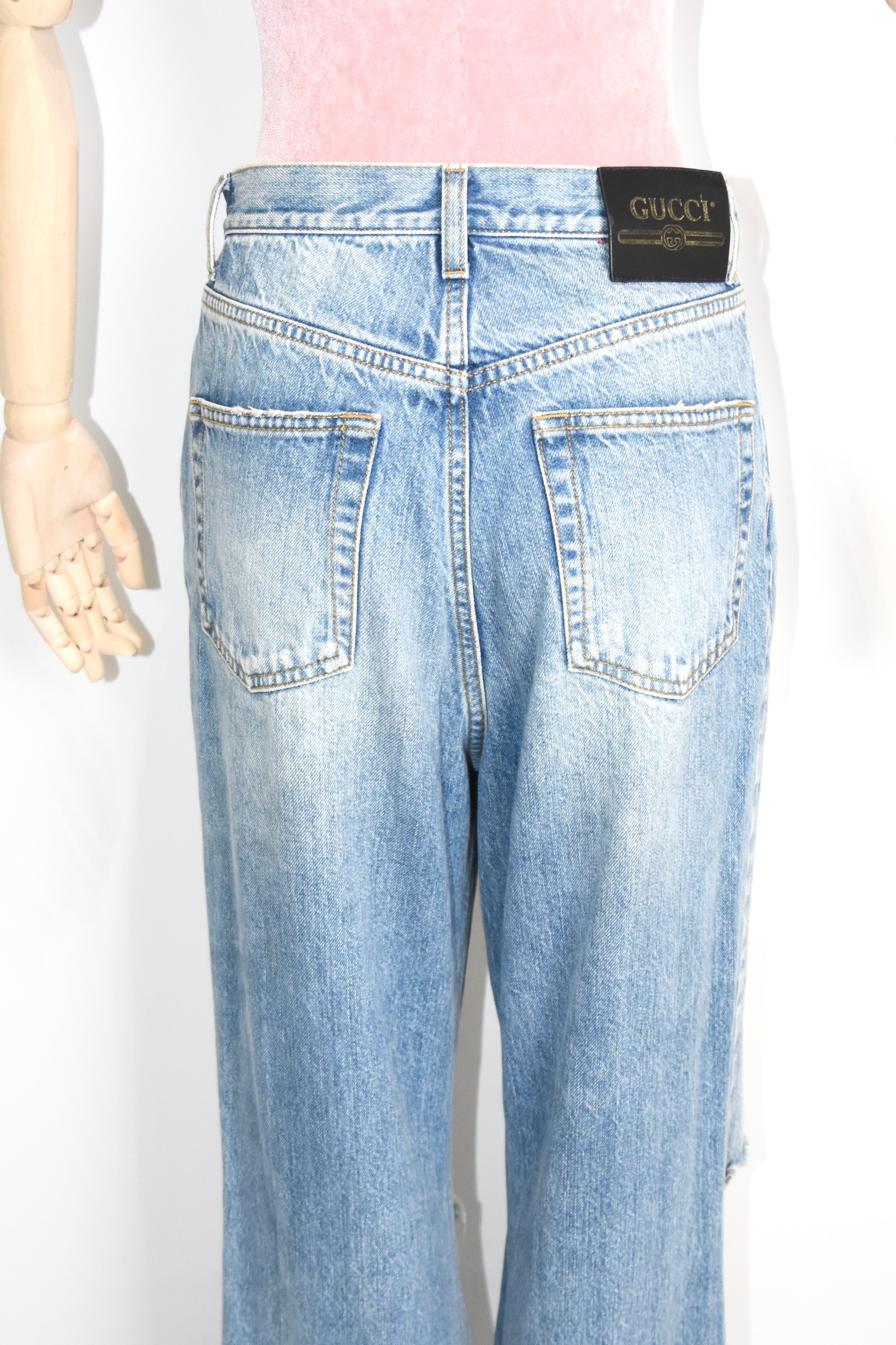 Gucci Distressed Flared Denim Jeans – Light Wash High Waist Destroyed Bootcut Pants