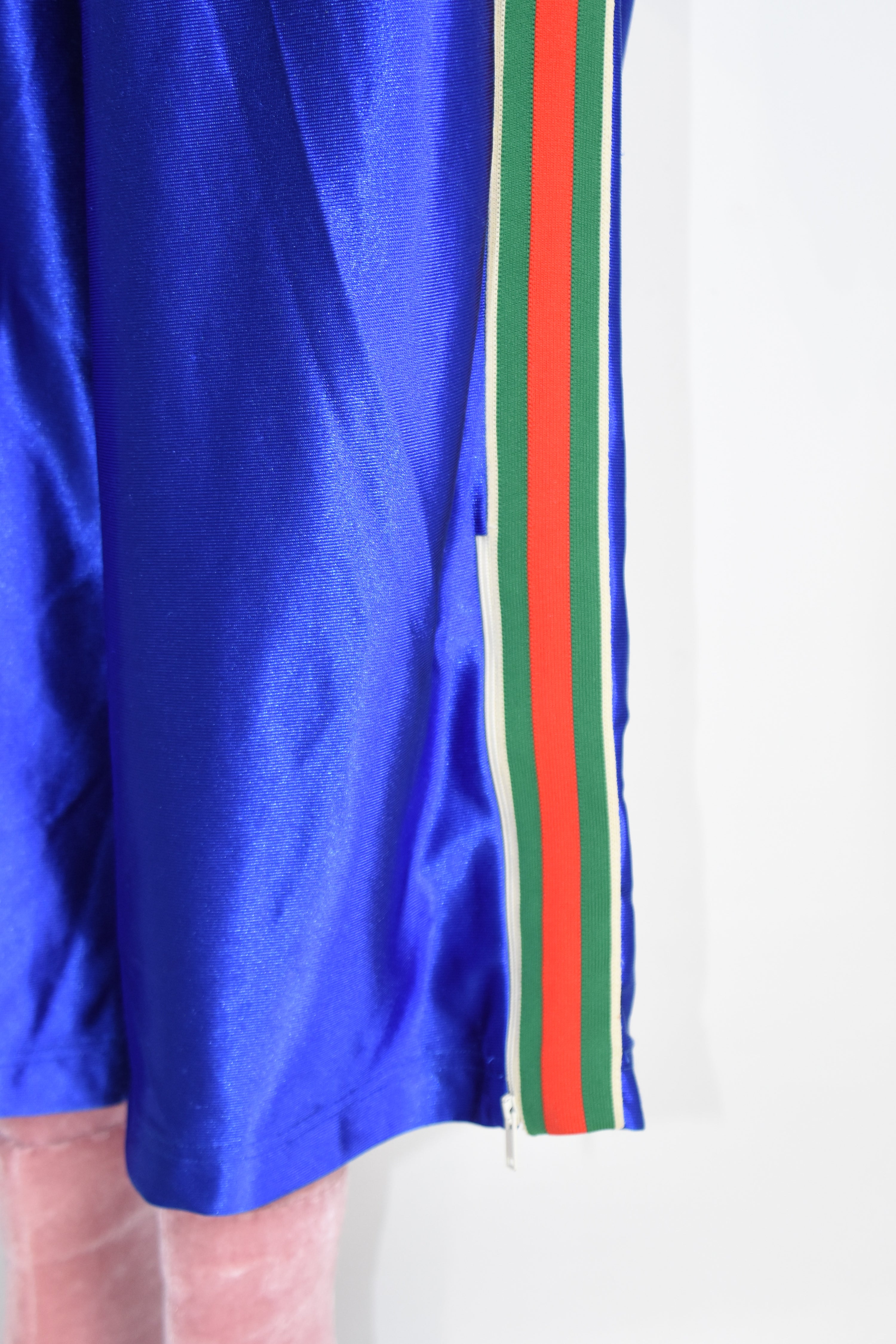 Gucci Blue Satin Track Pants with Web Stripe – Alessandro Michele Era Silk-Look Jogger Trousers