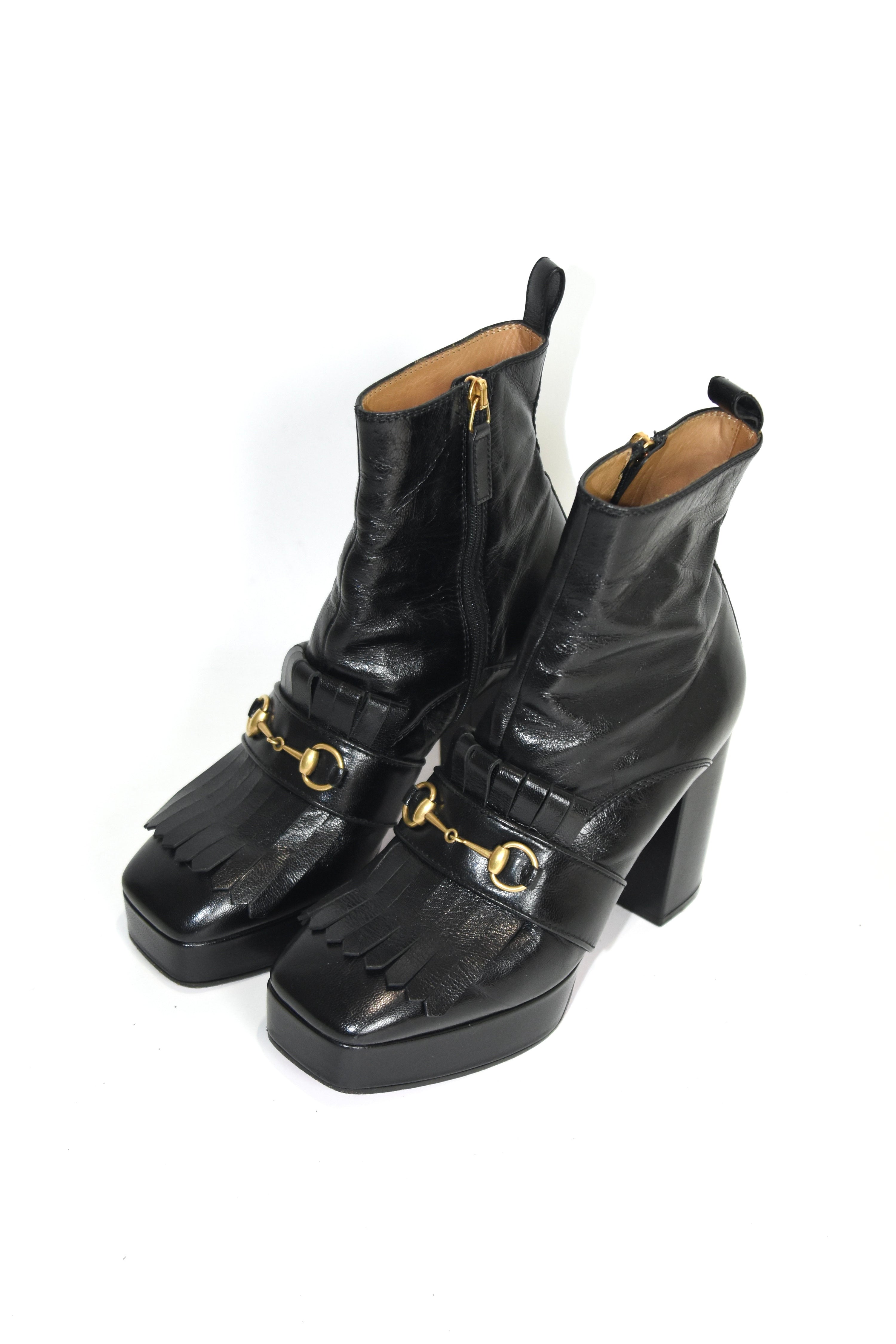 GUCCI Black Leather Platform Fringe Horsebit Boots